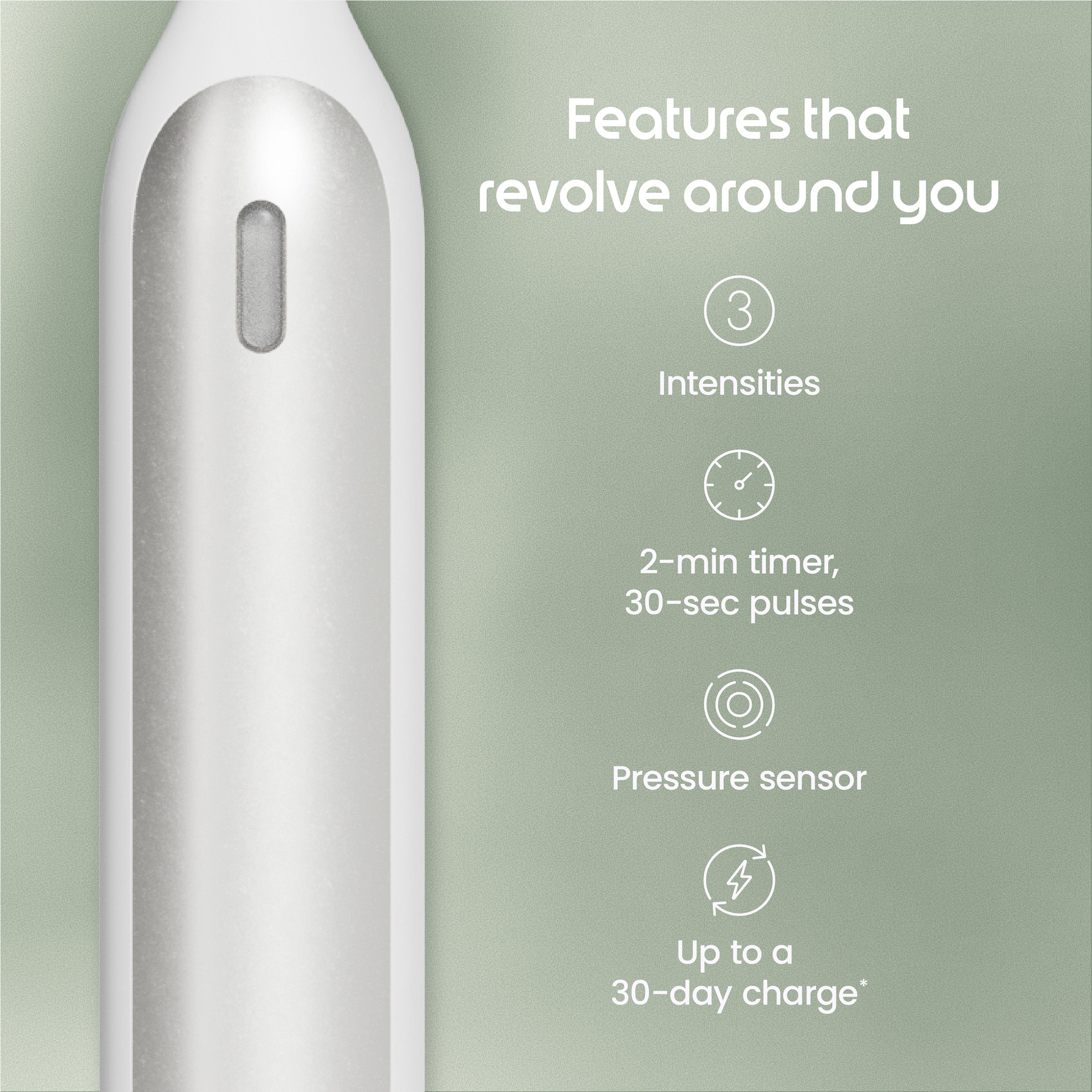 White electronic device with features listed on a green background