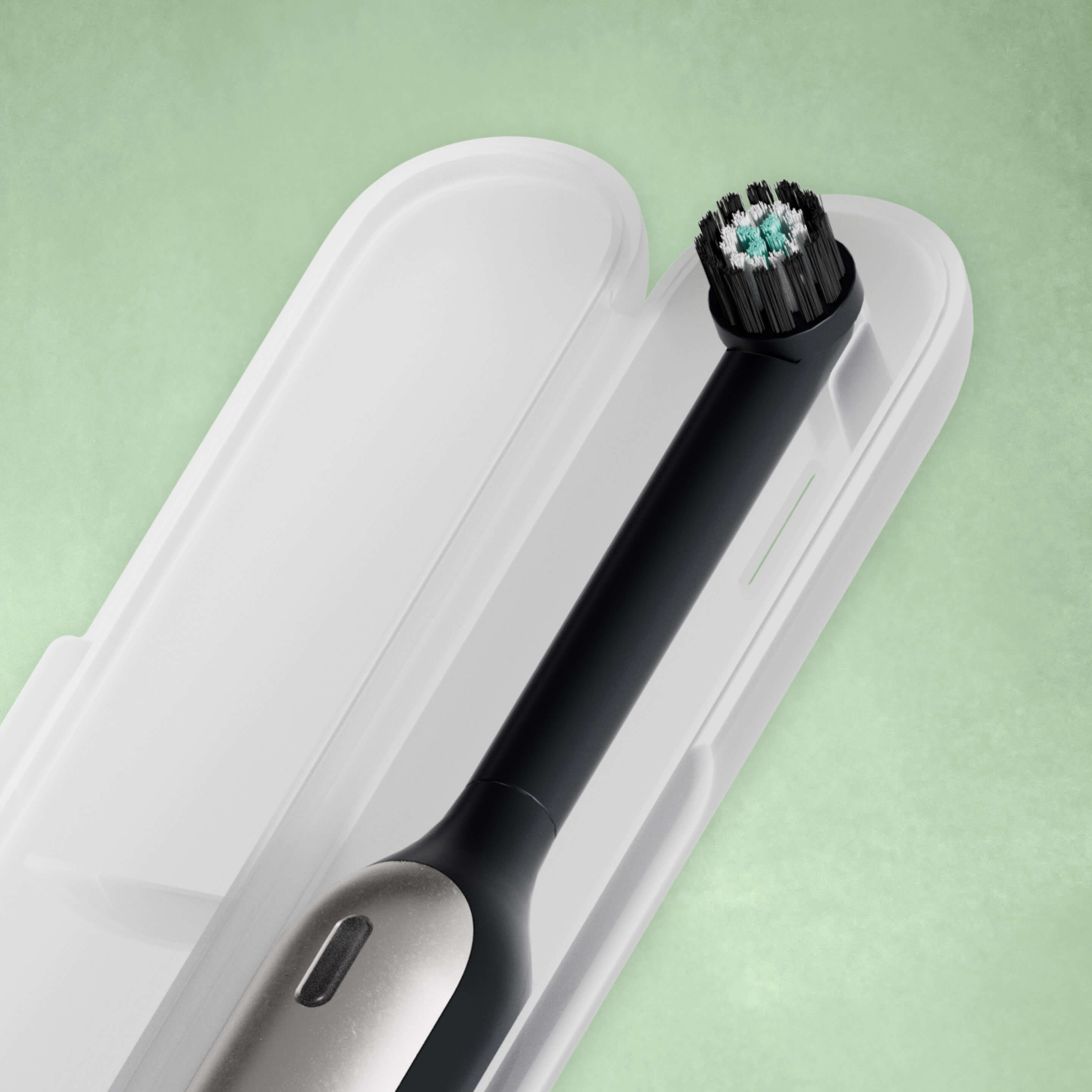 Rev toothbrush stored inside its white travel case.