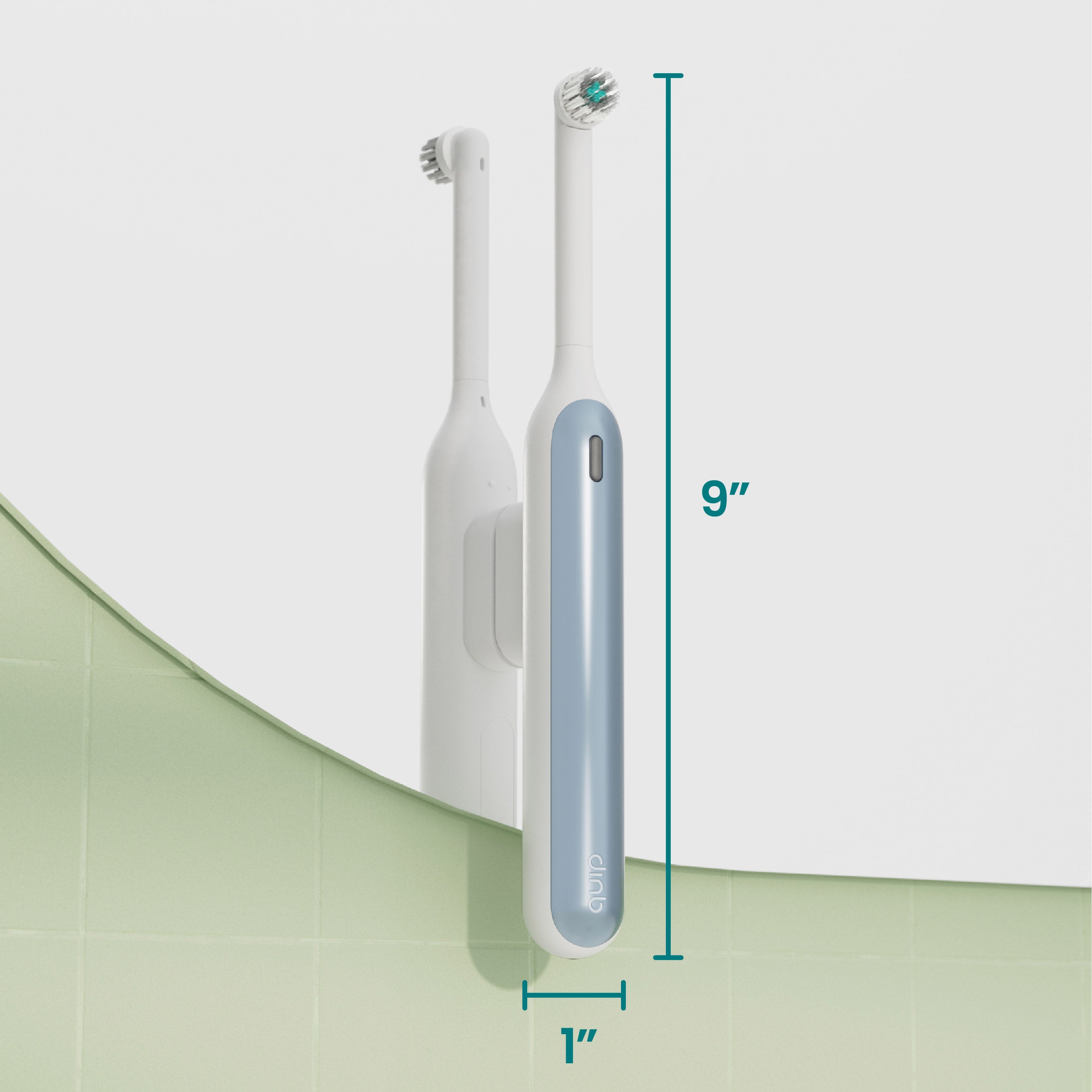 blue mist Rev toothbrush 9 inches tall and 1 inch wide