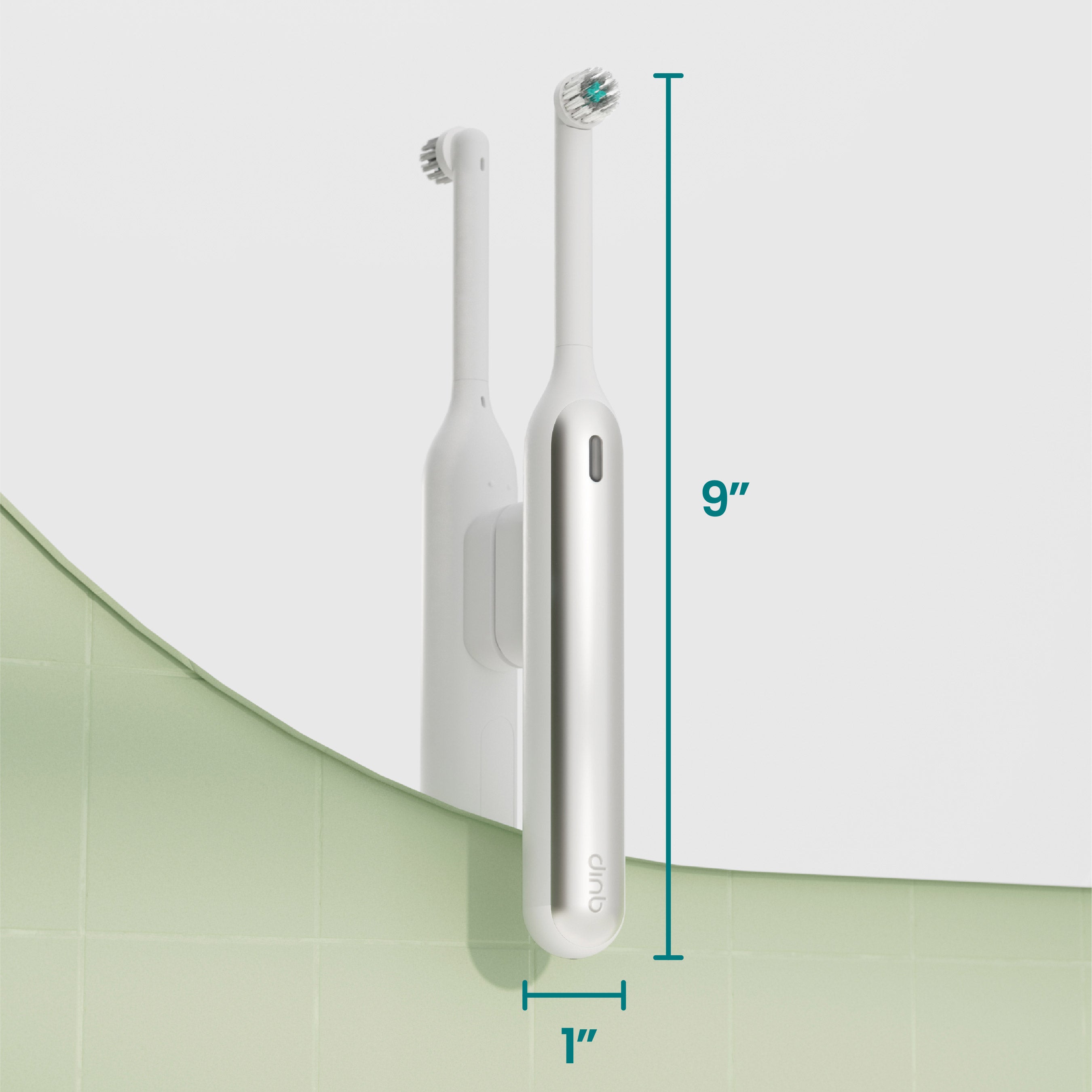 silver cloud Rev toothbrush 9 inches tall and 1 inch wide