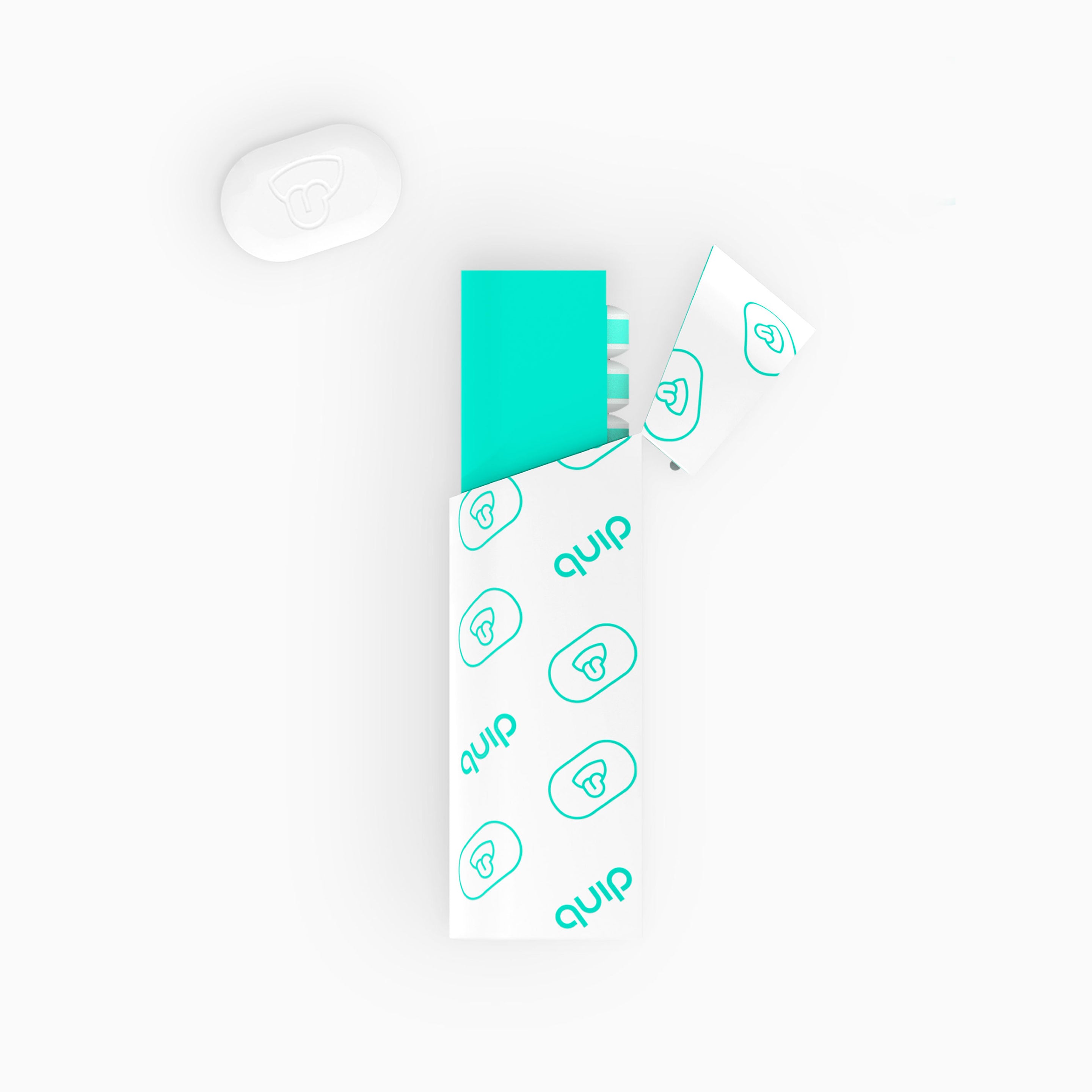 A pack of gum with individual pieces visible, designed to fit into a quip gum dispenser, with a recyclable tube packaging.