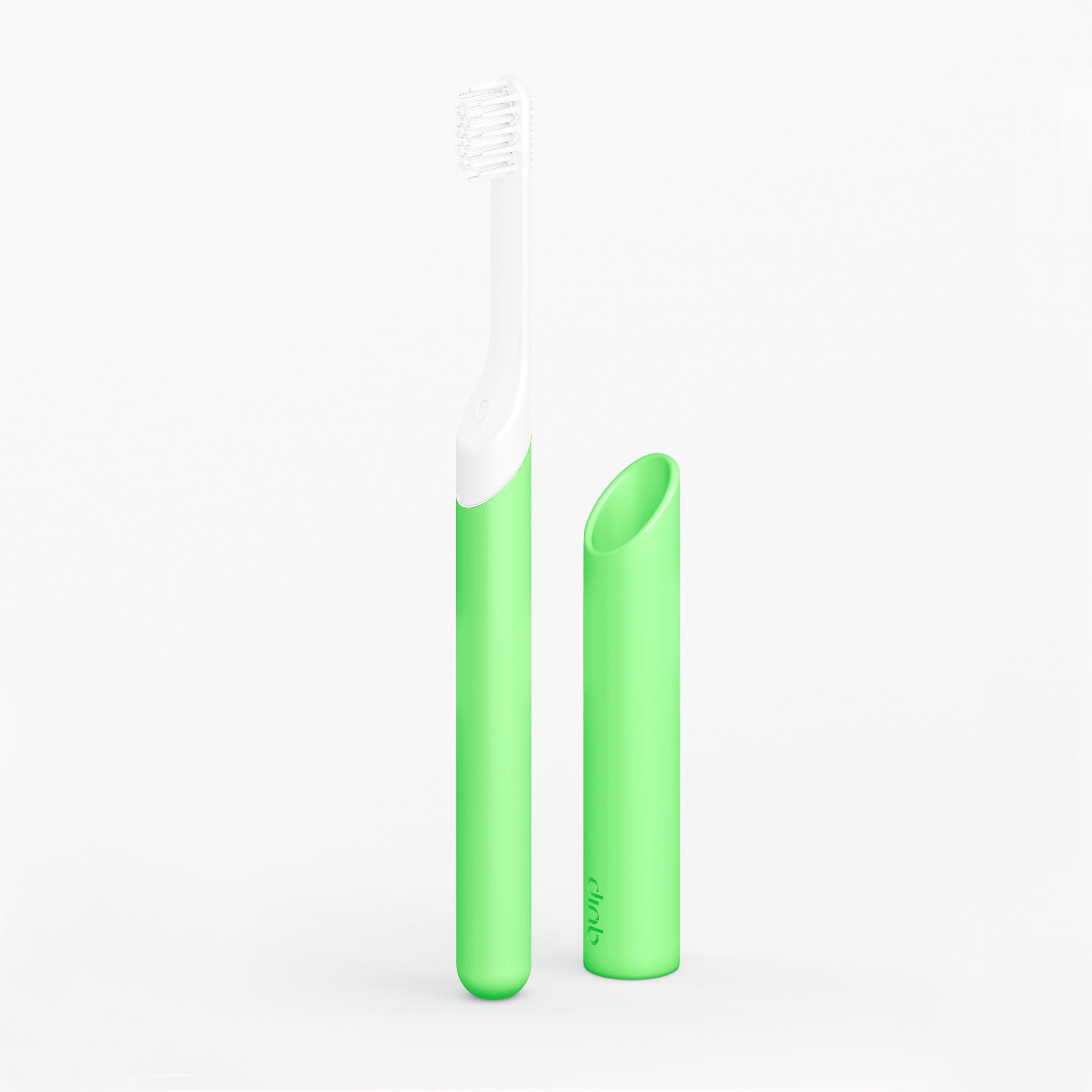 A kids' sonic toothbrush with a glowing green handle and a small soft-bristle brush head, accompanied by a radiant green travel cover.