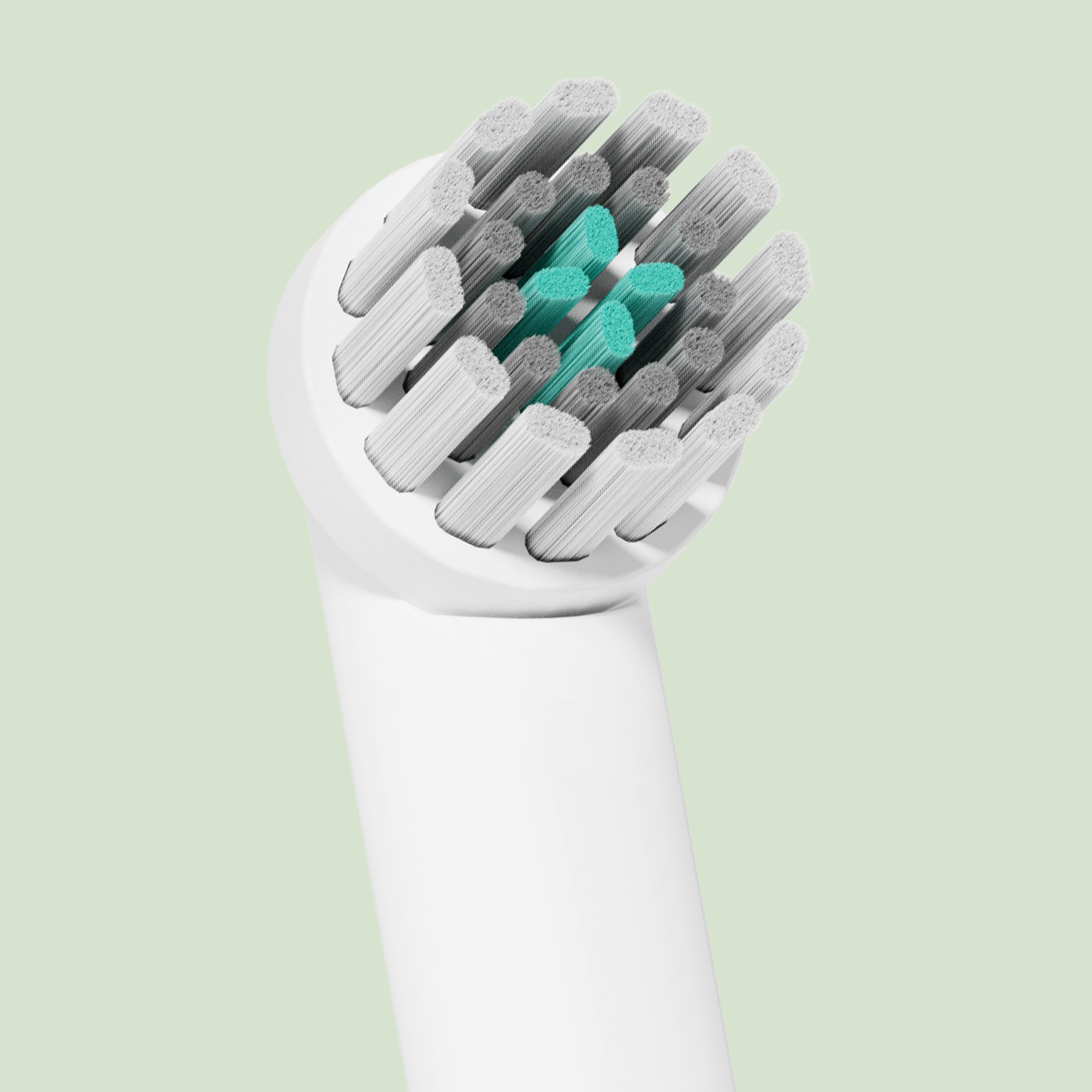 A very close-up detail shot of the white quip brush head refill, showing the white and grey bristles with a cluster of bright teal indicator bristles in the center.