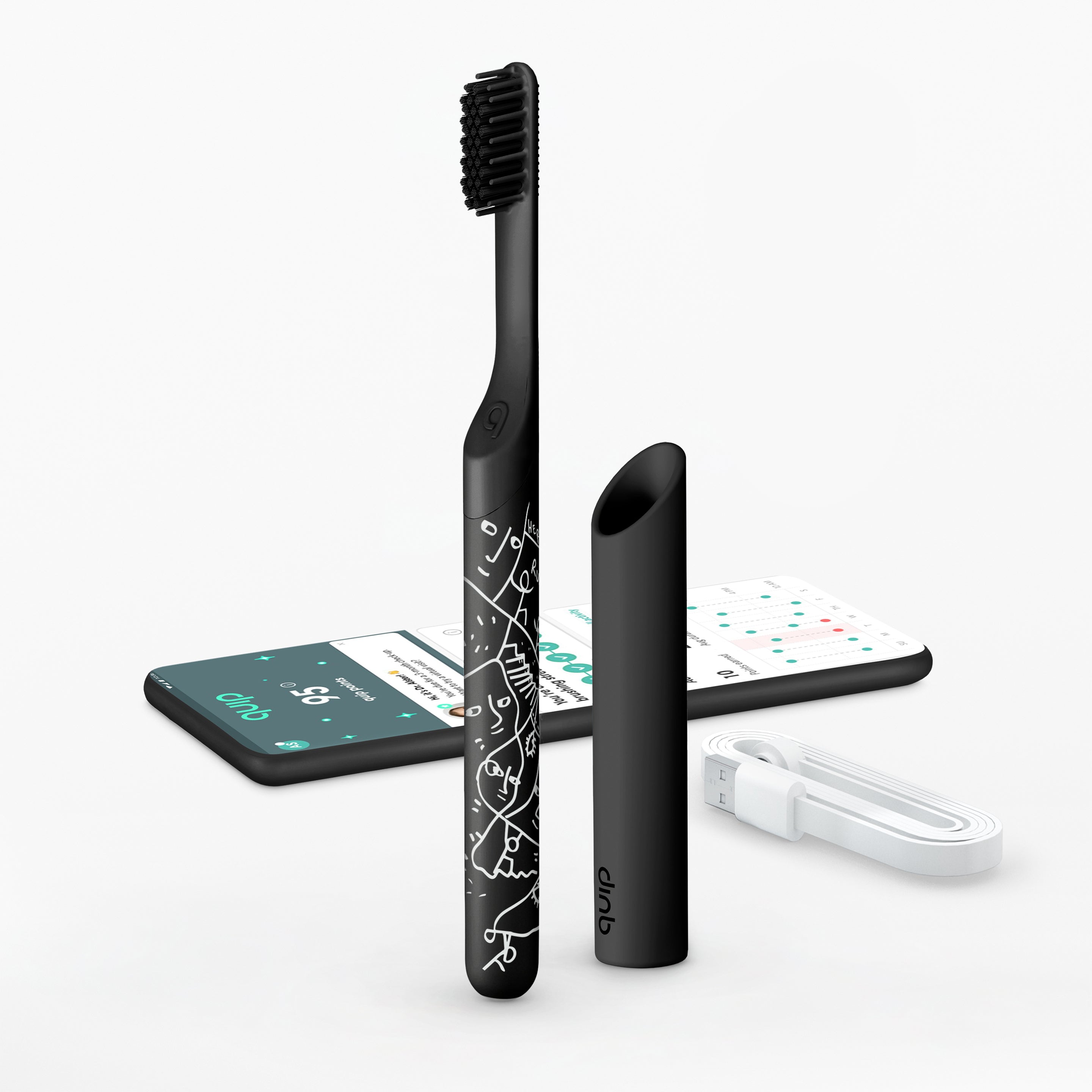 A smart rechargeable sonic toothbrush with a black handle and a geometric pattern, accompanied by a travel cover, a brush head, and a magnetic USB-A cable.