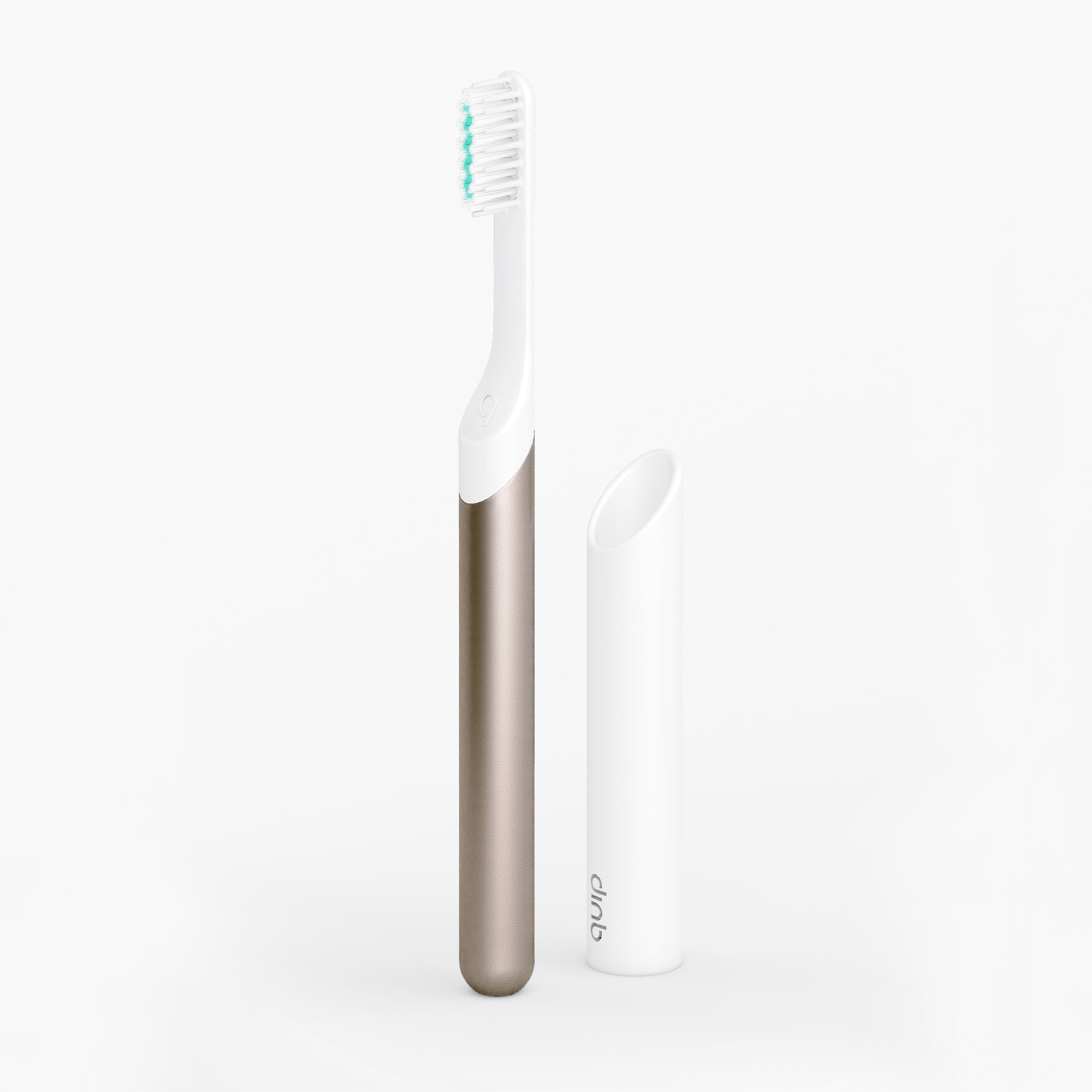 Metallic Sonic toothbrush standing upright beside its white travel cover on a clean white background.