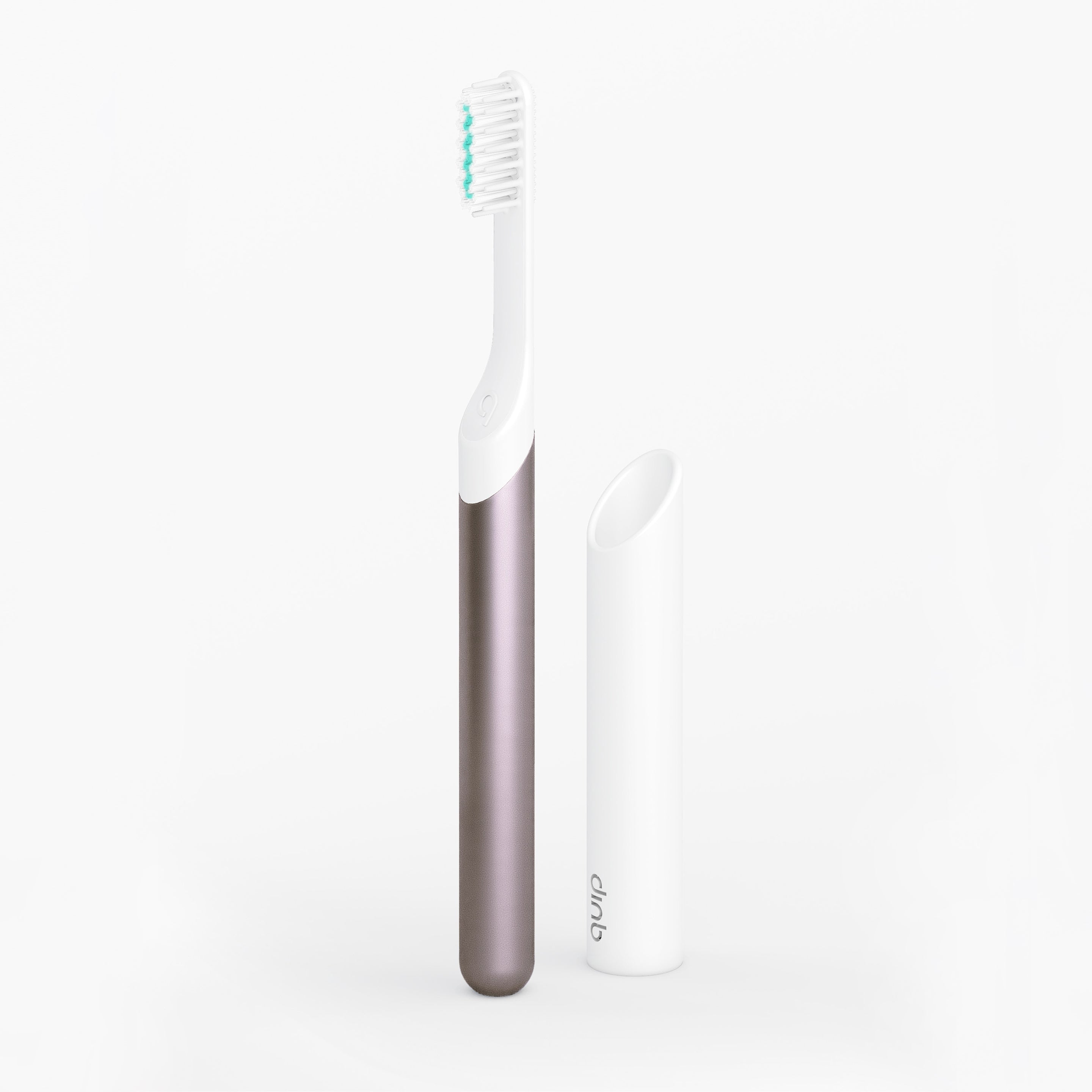 A sonic toothbrush with a white handle and a gray body next to its travel cover, against a white background.