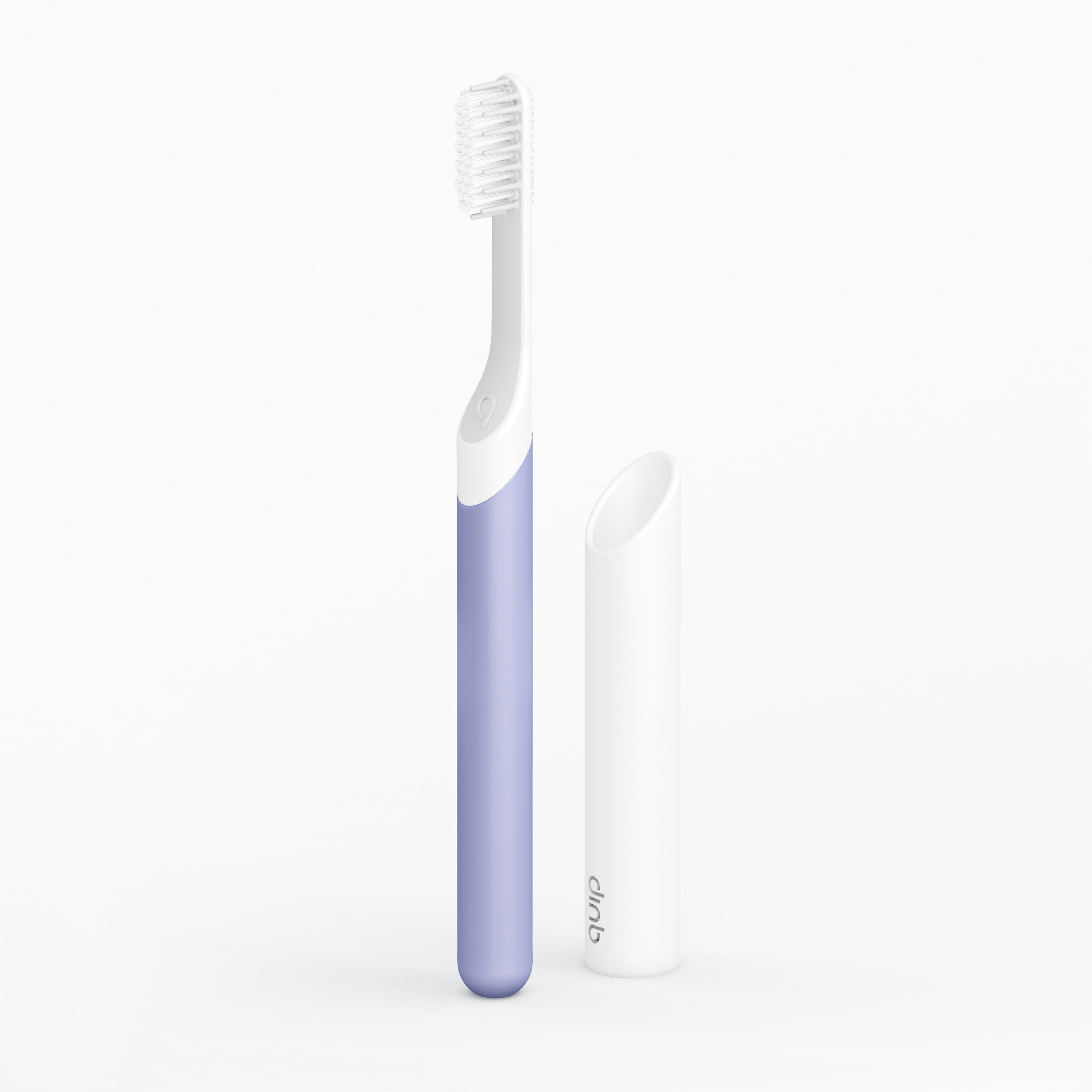 A sonic toothbrush with a purple handle and white bristles next to its travel cover, displayed against a white background.