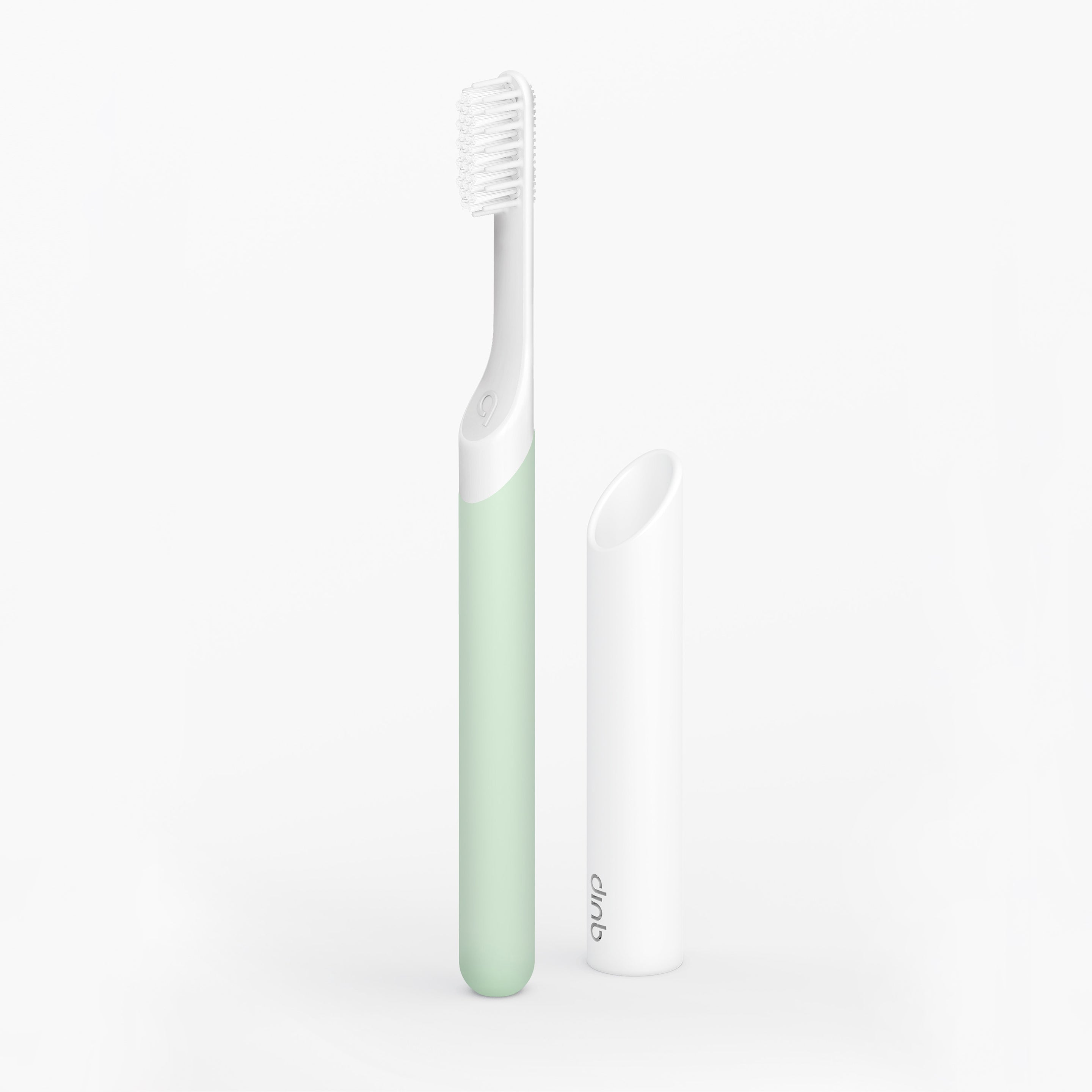 A sonic toothbrush with a green handle and white bristles, accompanied by a white travel cover.