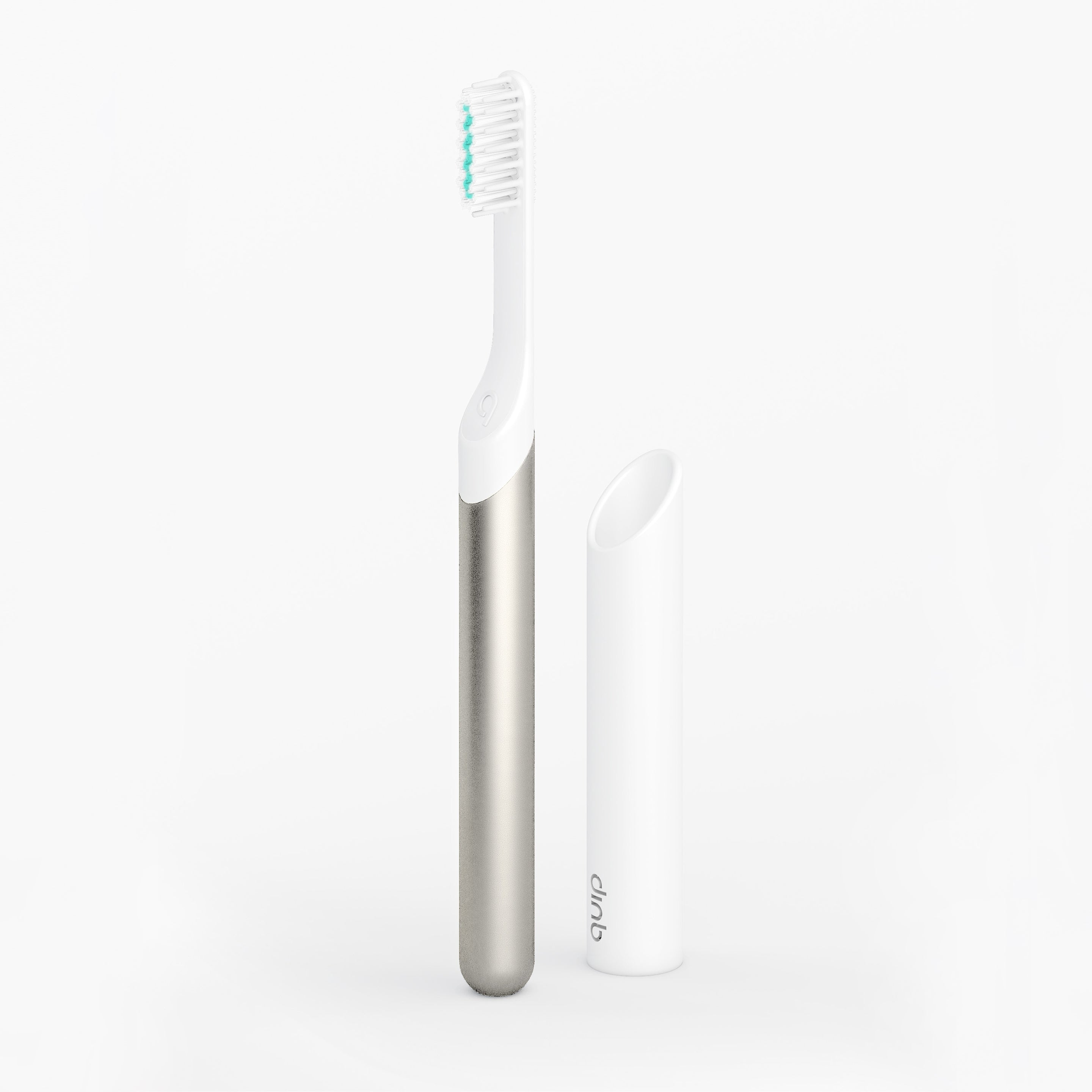 A sonic toothbrush with a silver handle and white brush head, accompanied by a travel cover.