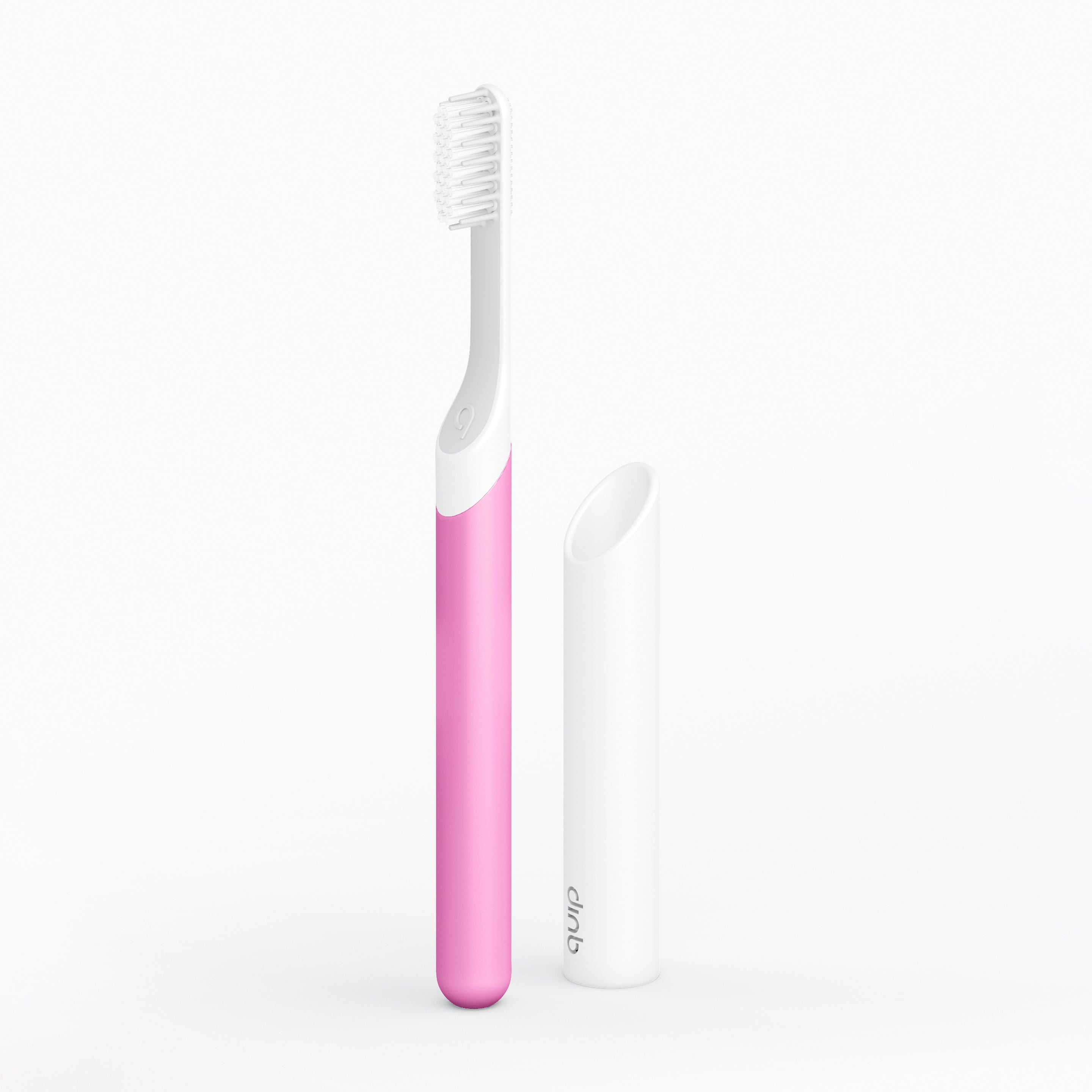 A sonic toothbrush with a Magenta handle and white bristles, accompanied by a travel cover.