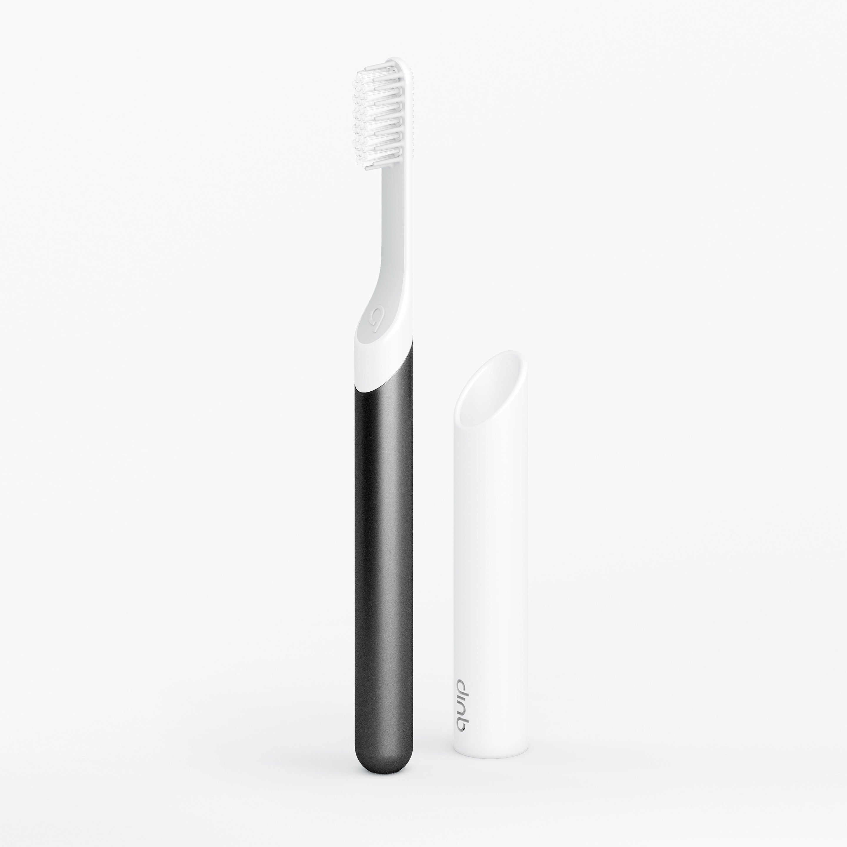 A sonic toothbrush with a black handle and white bristles, accompanied by a white and gray travel cover.