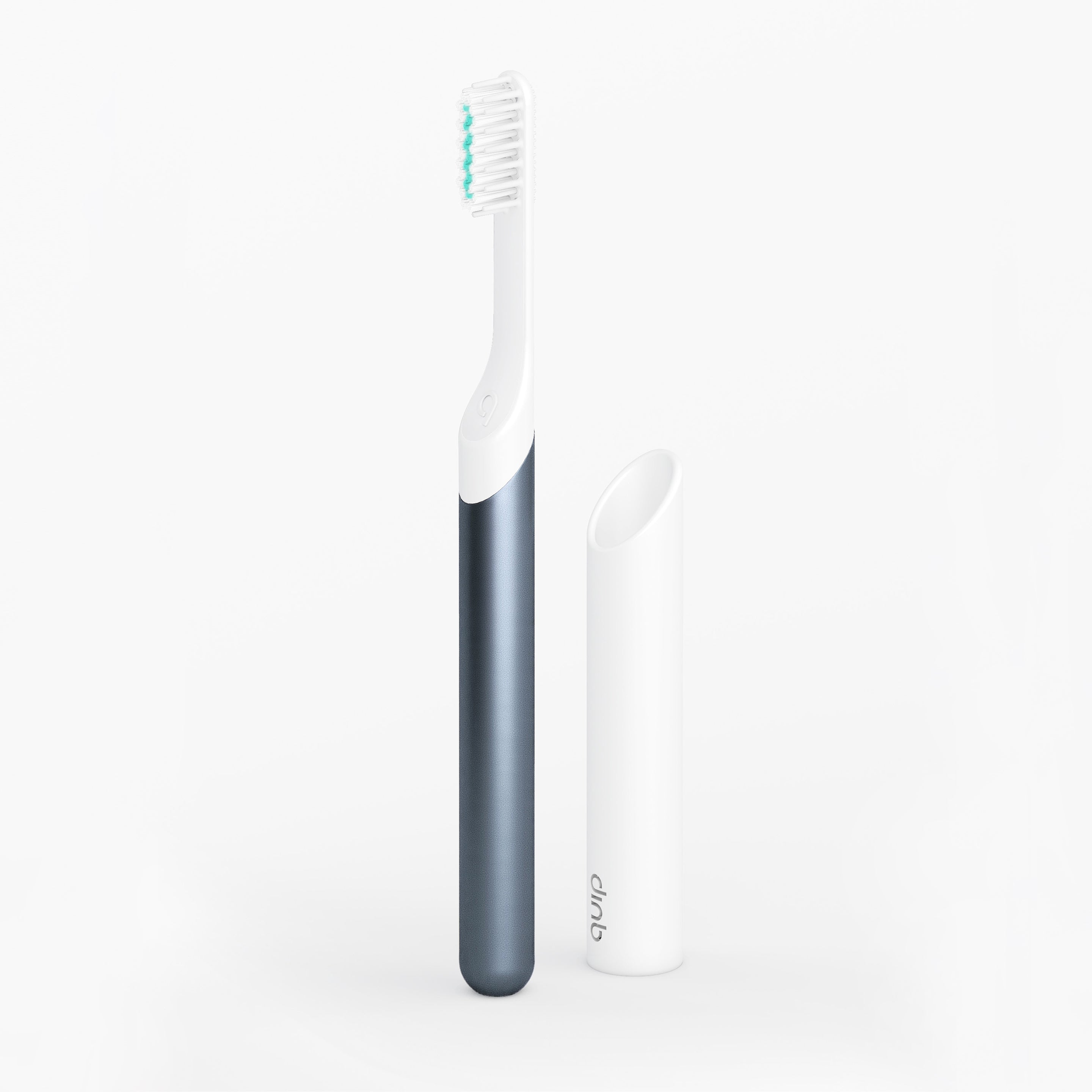 An image showing a sonic toothbrush with a gray handle and white brush head, alongside its travel cover which is white.