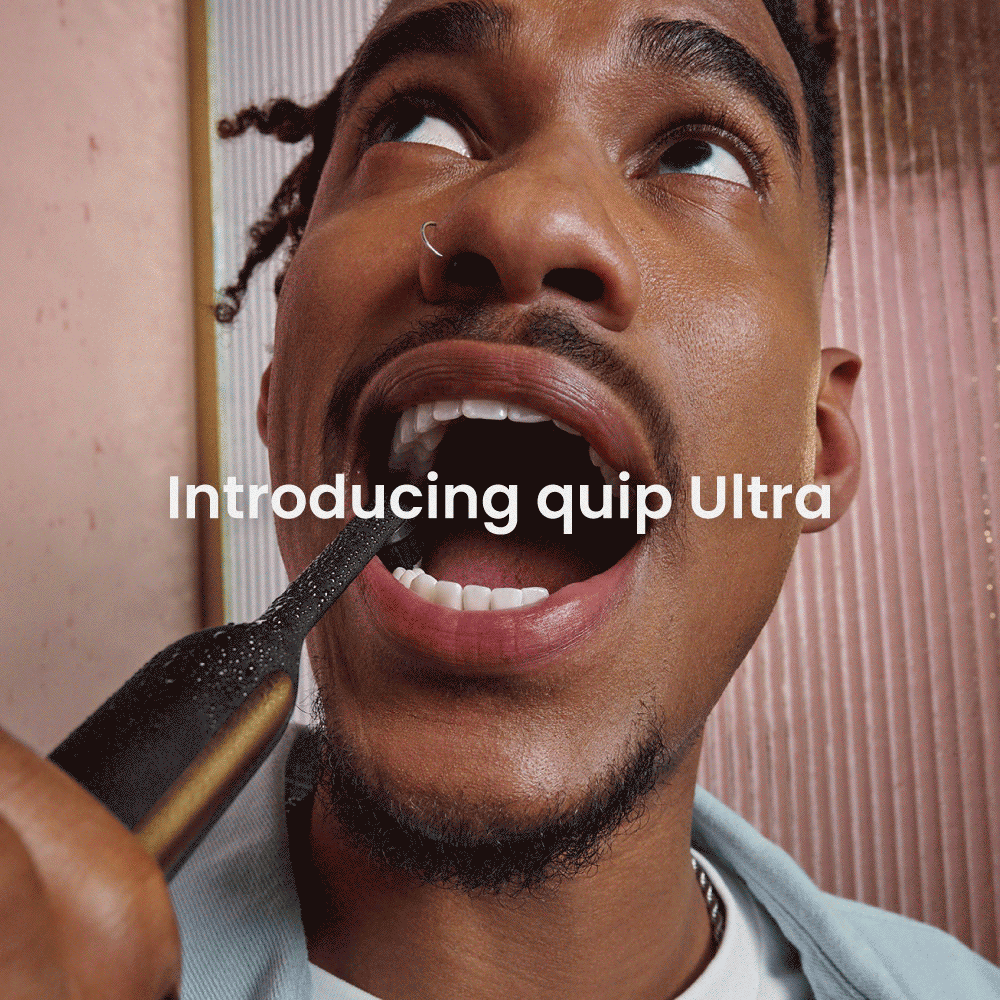 Person brushing teeth with a black Ultra™ Smart Sonic Electric Toothbrush, with the text “Introducing quip Ultra” overlaid.