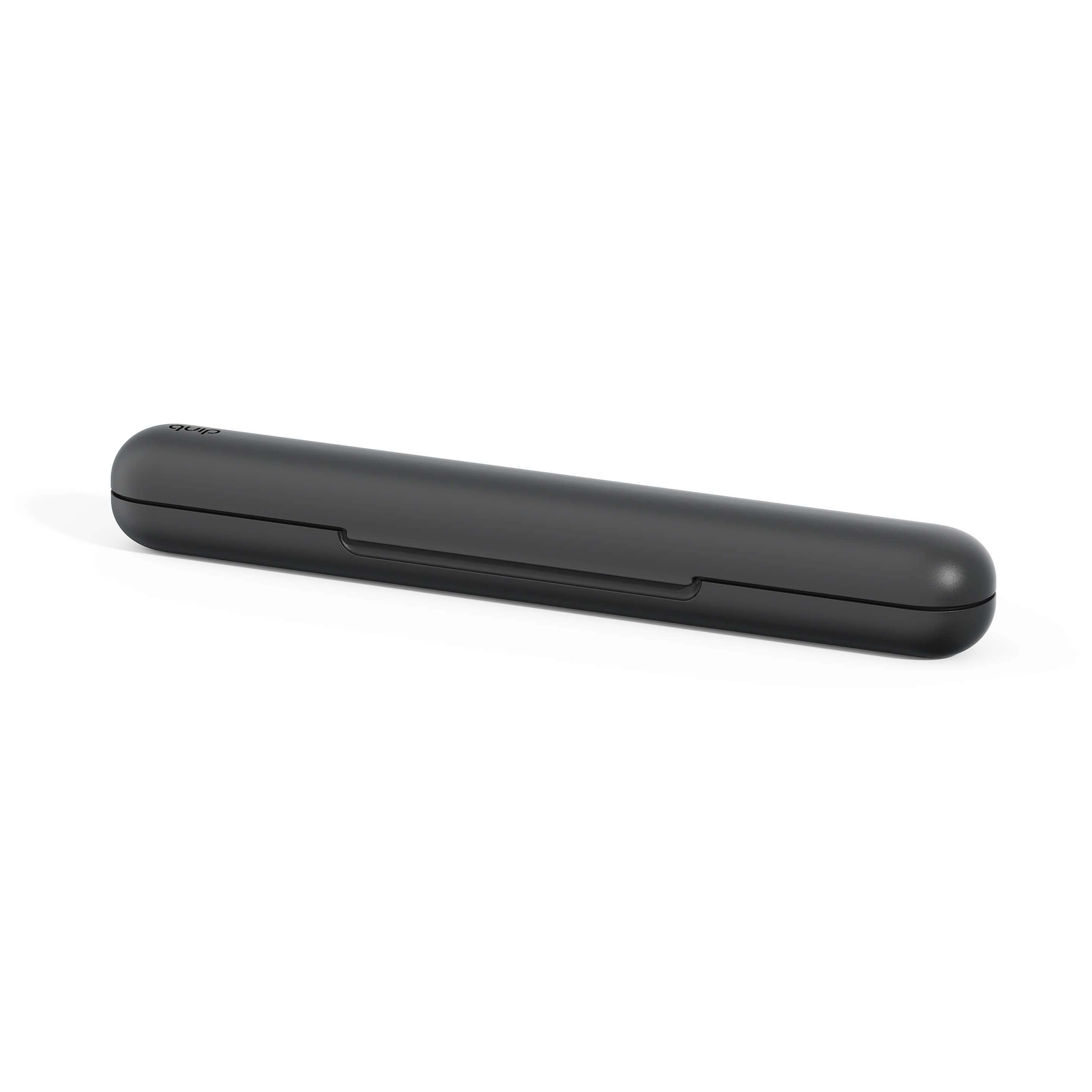 A sleek, black, translucent plastic travel case for a sonic toothbrush, with a snap closure and flat bottom.