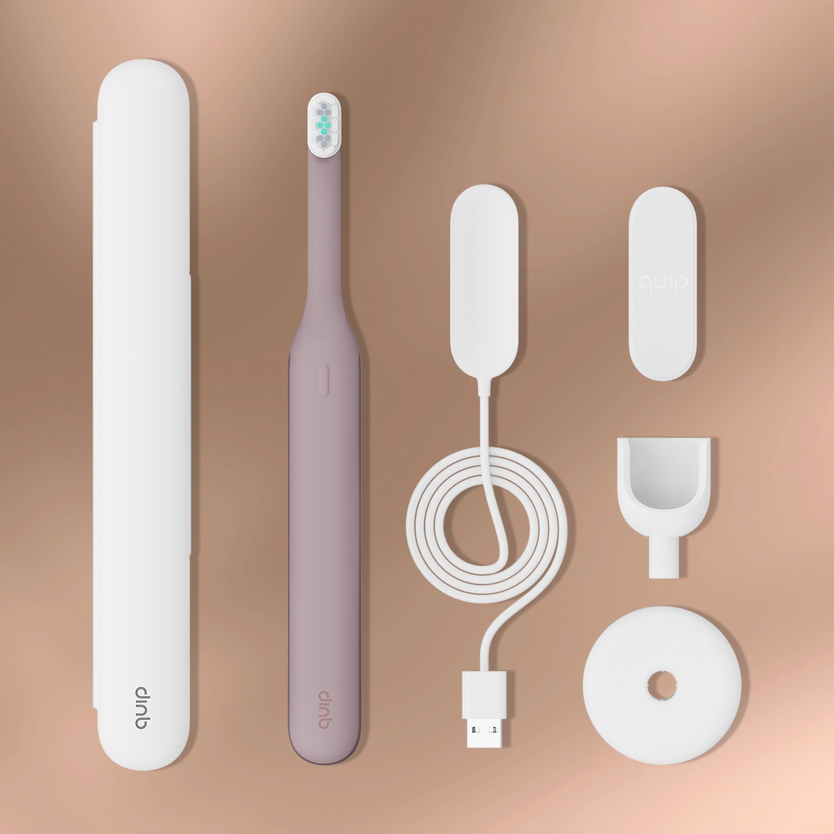 Ultra™ Next Generation Smart Sonic Electric Toothbrush set in Dusk color, shown with travel case, charger cable, mirror mount, and stand.