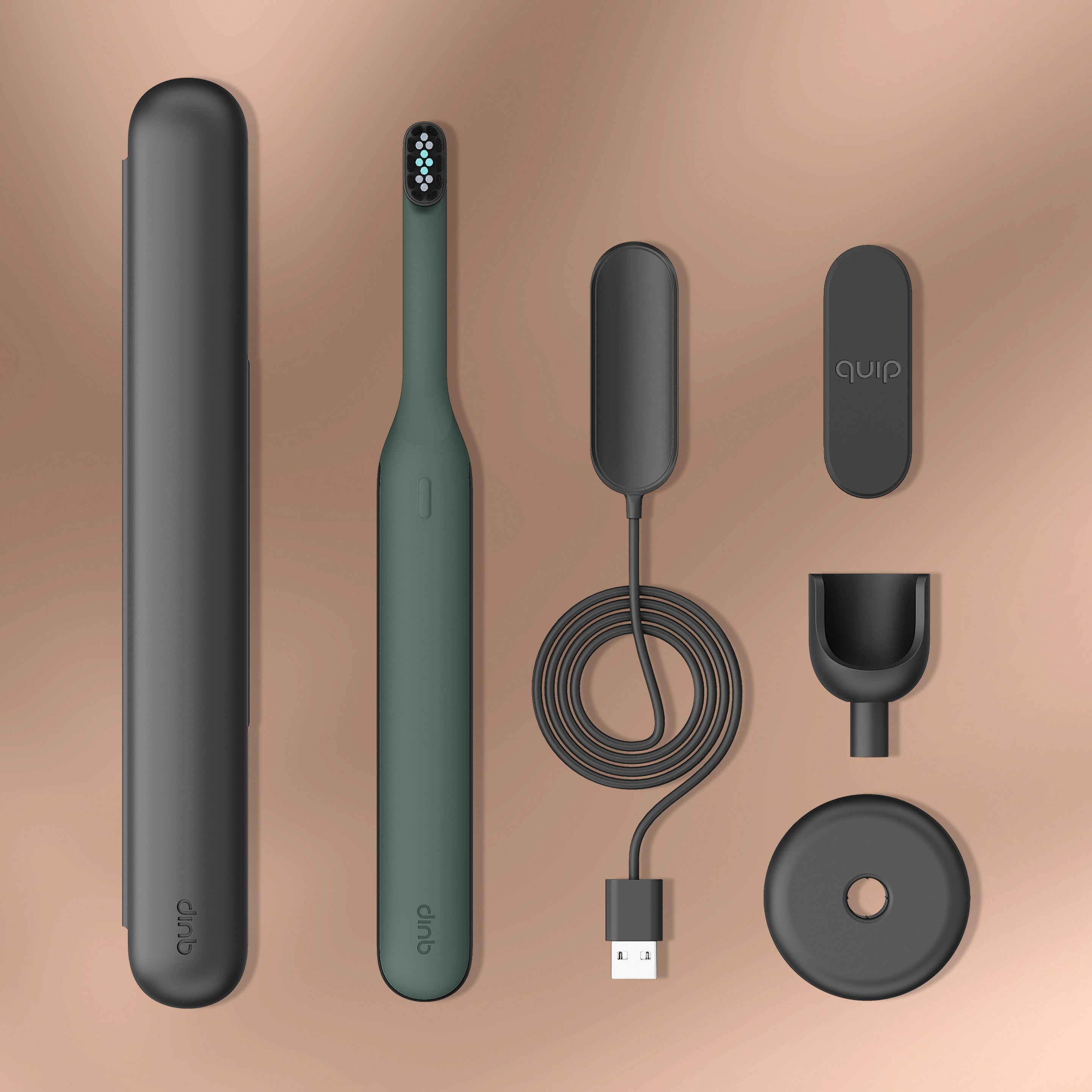Ultra™ Next Generation Smart Sonic Electric Toothbrush in Moss color shown with all included components — travel case, charging cable, wall mount, and stand — arranged neatly on a neutral background.