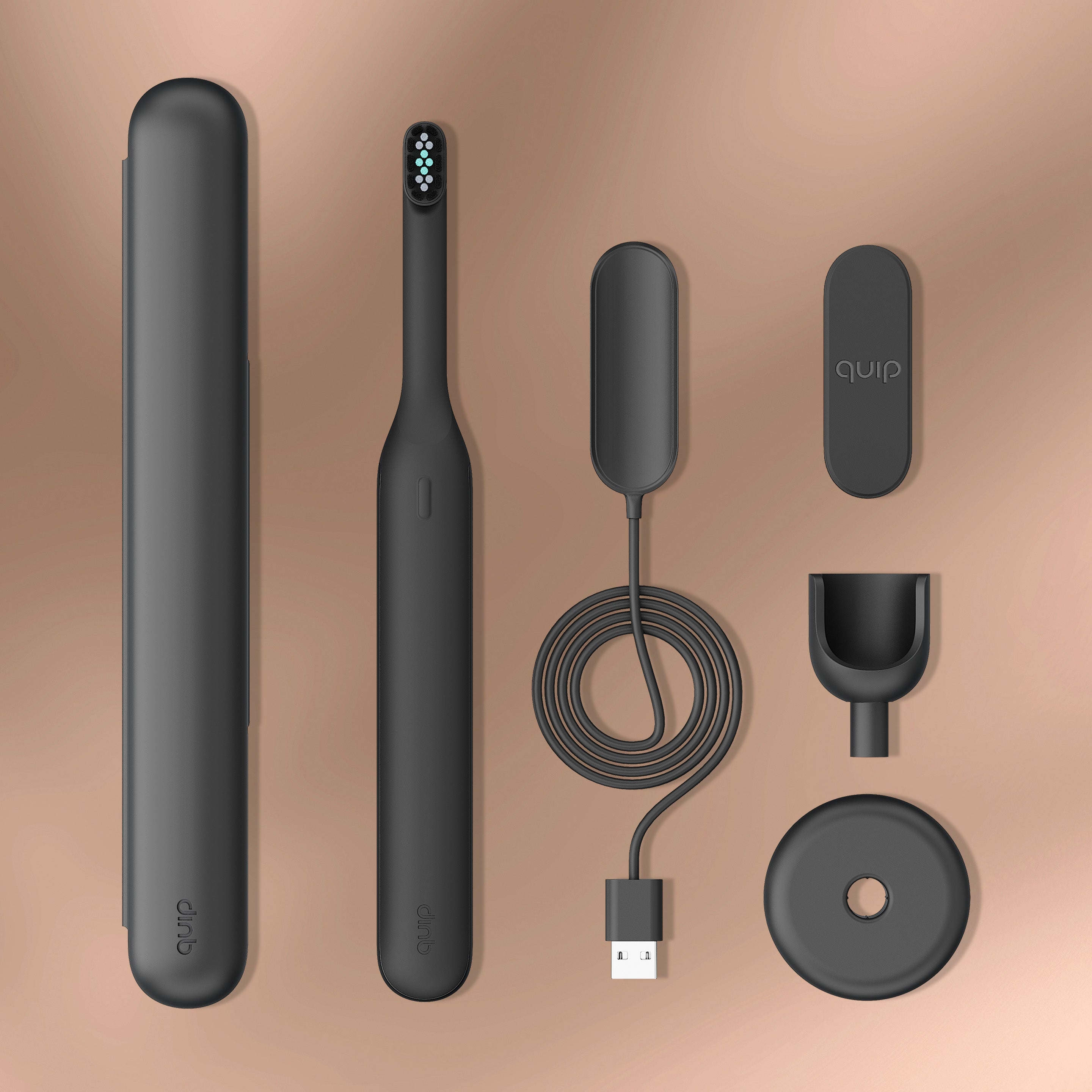 Ultra™ Next Generation Smart Sonic Electric Toothbrush in Onyx color shown with all included components — travel case, charging cable, wall mount, and stand — arranged neatly on a neutral background.
