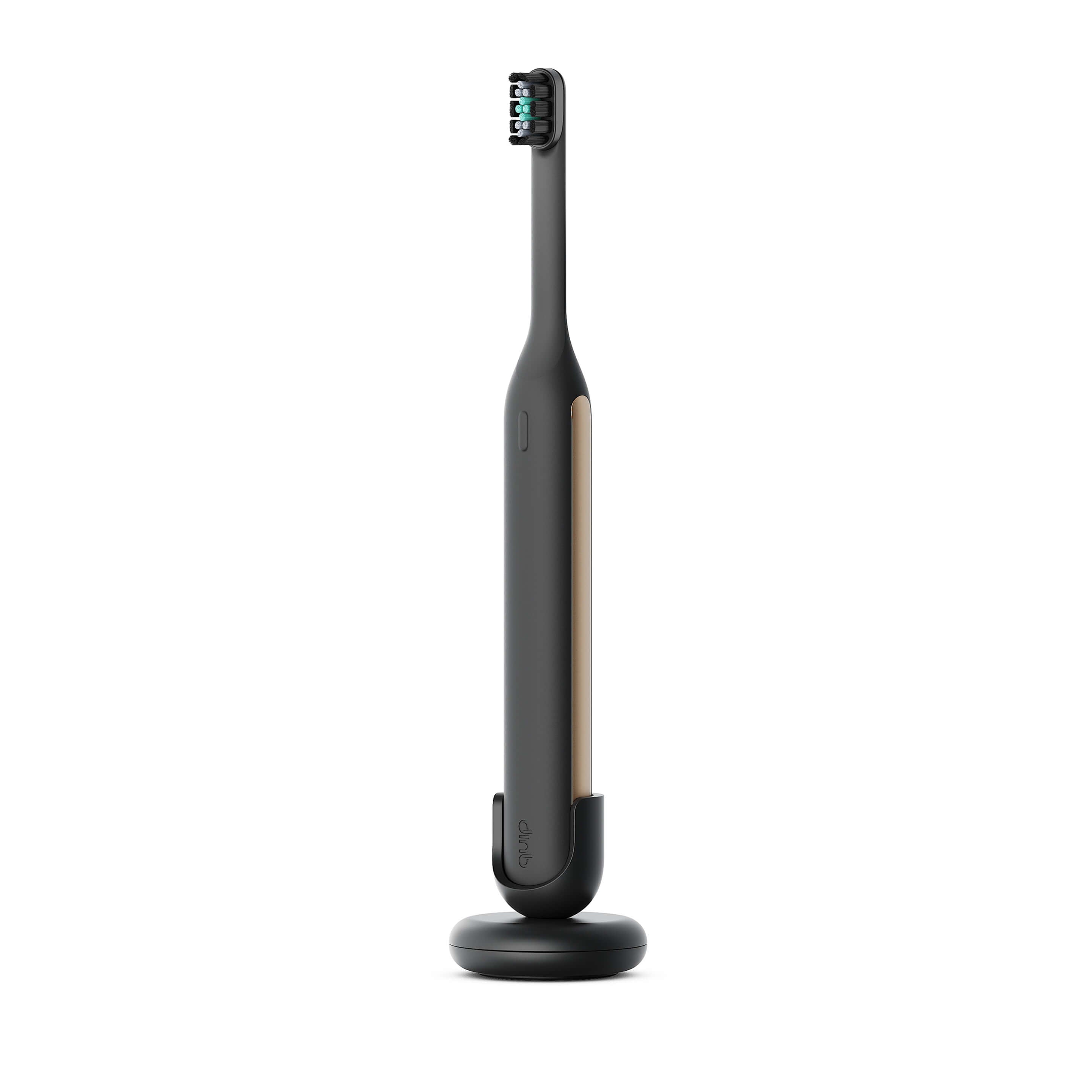 Ultra™ Next Generation Smart Sonic Electric Toothbrush in Eclipse color, featuring a sleek black body with a subtle gold accent, displayed upright on its matching stand.