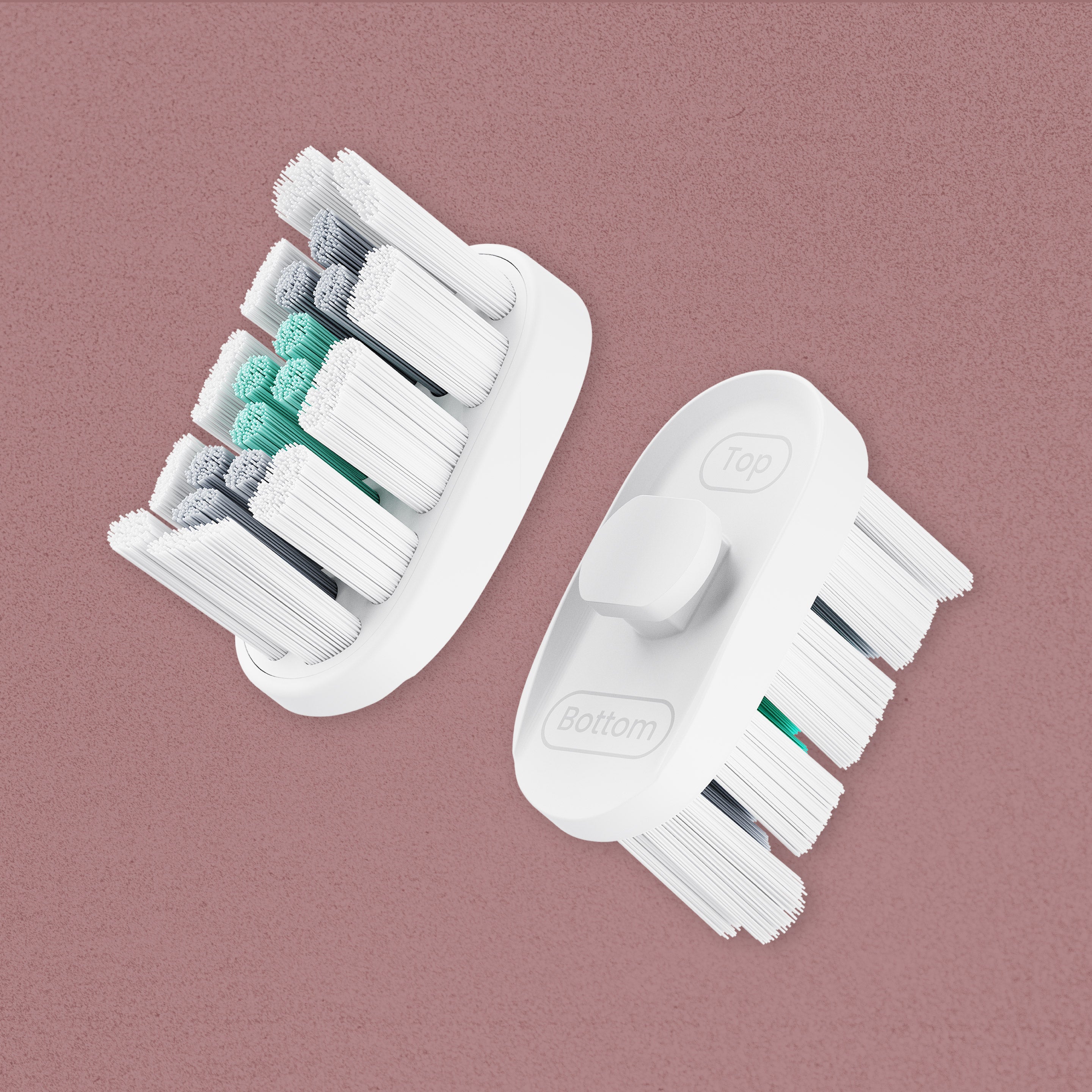 Two white replacement brush heads shown from the top and bottom against a pink background.