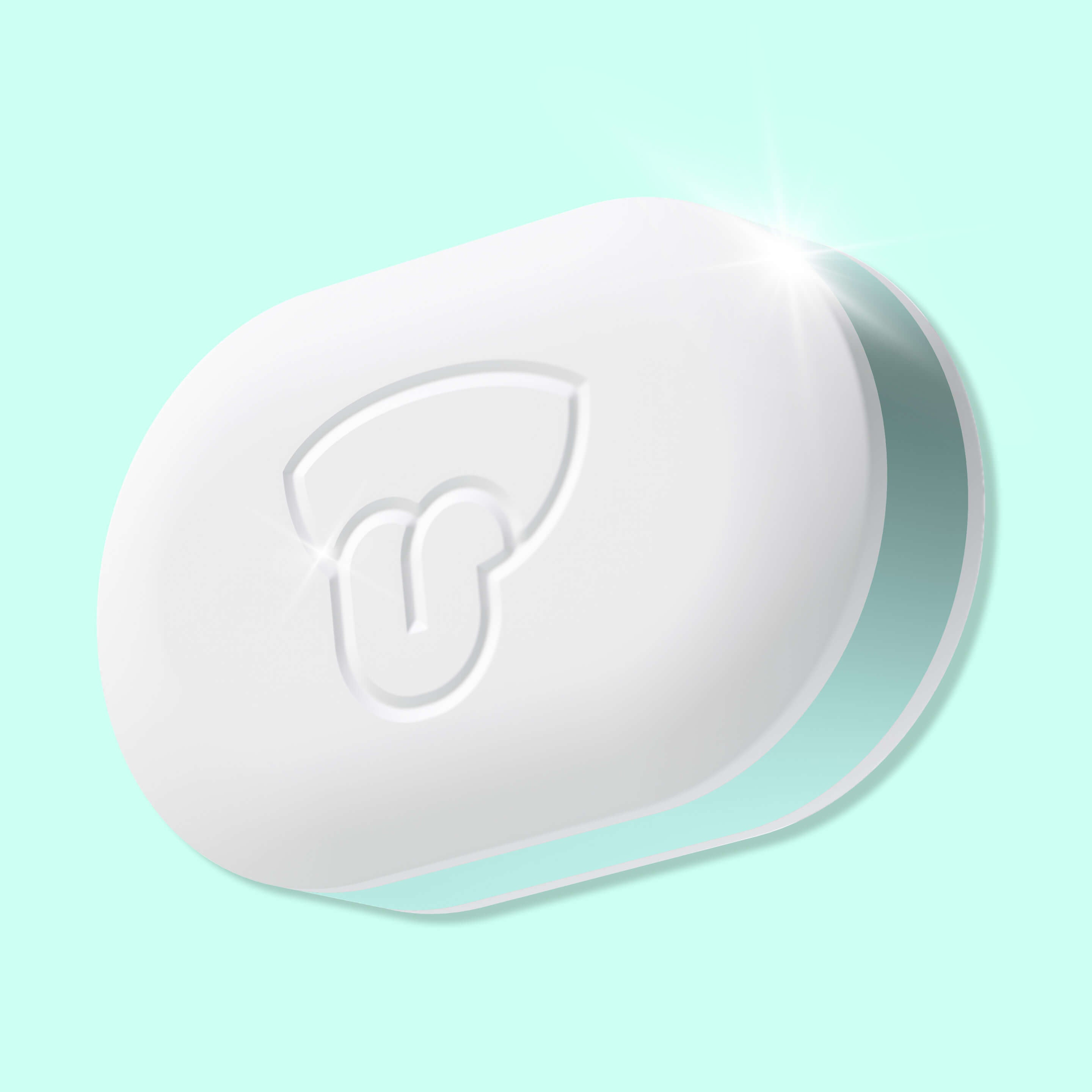 White round object with a logo on a light blue background