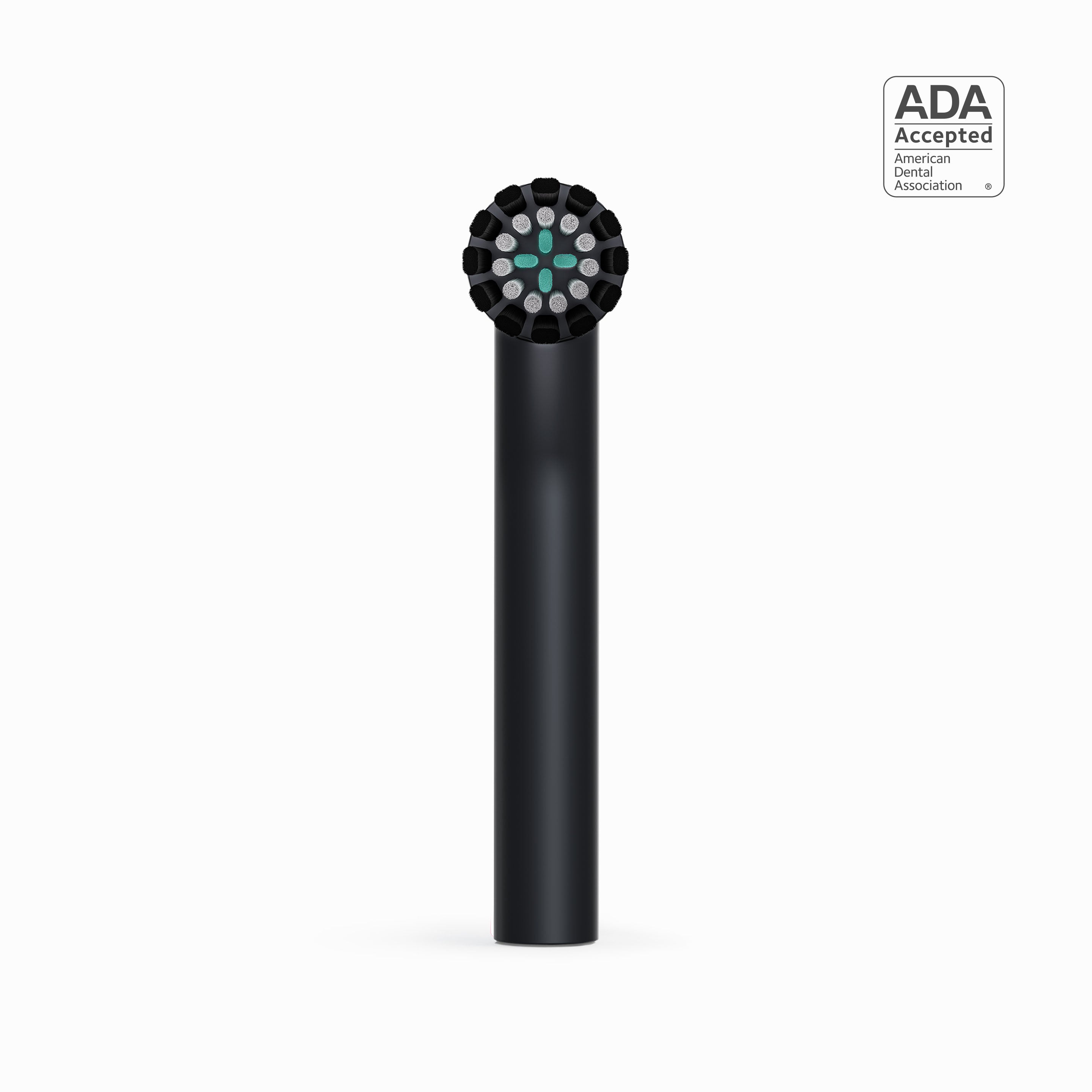 A close-up shot of a black quip Rev Brush head refill, with the ADA Accepted logo in the top right corner.