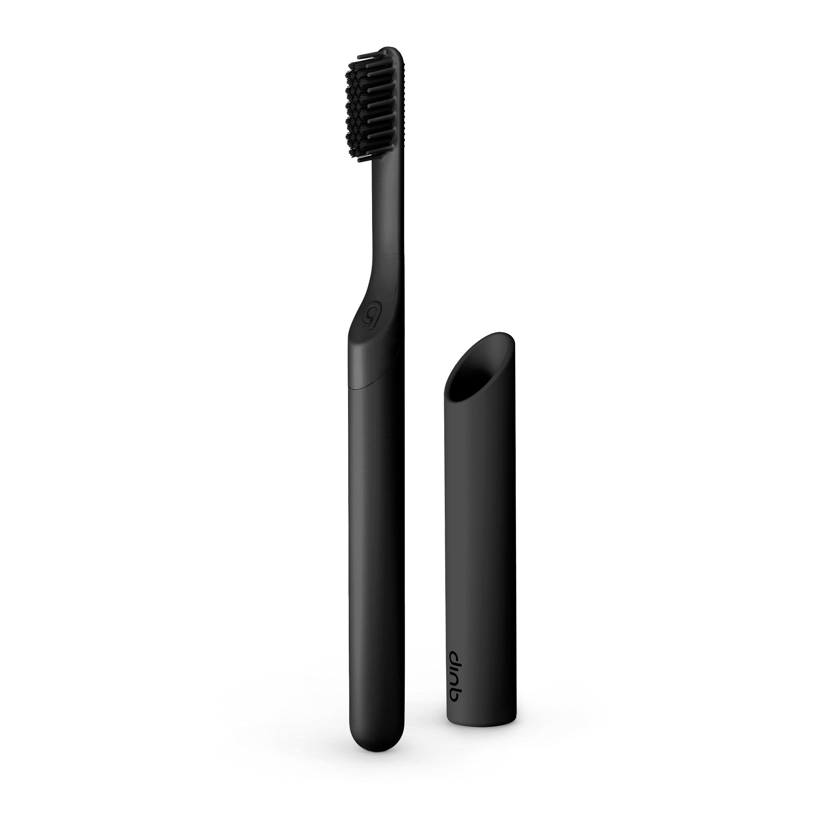 Black metal adult Sonic toothbrush standing upright beside its matching black protective cover, shown against a clean white background.