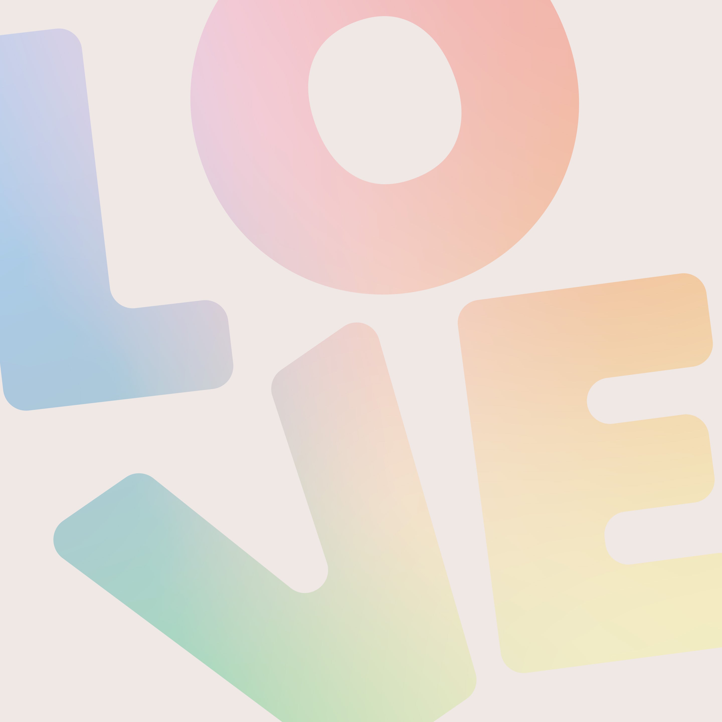 Gradient pastel-colored letters spelling 'LOVE' on a light background
