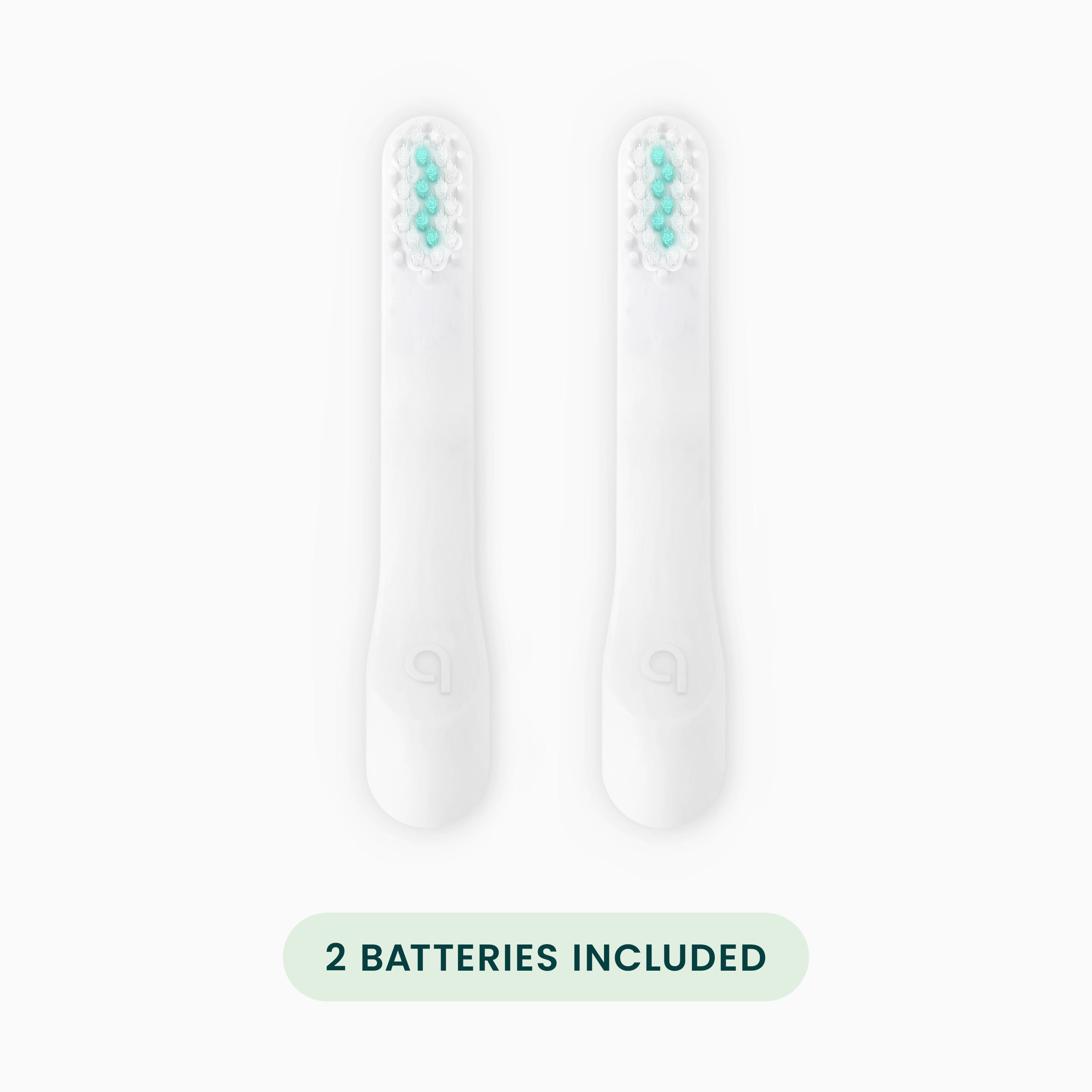 Two white electronic devices with blue components on a light gray background, labeled '2 Batteries Included'.