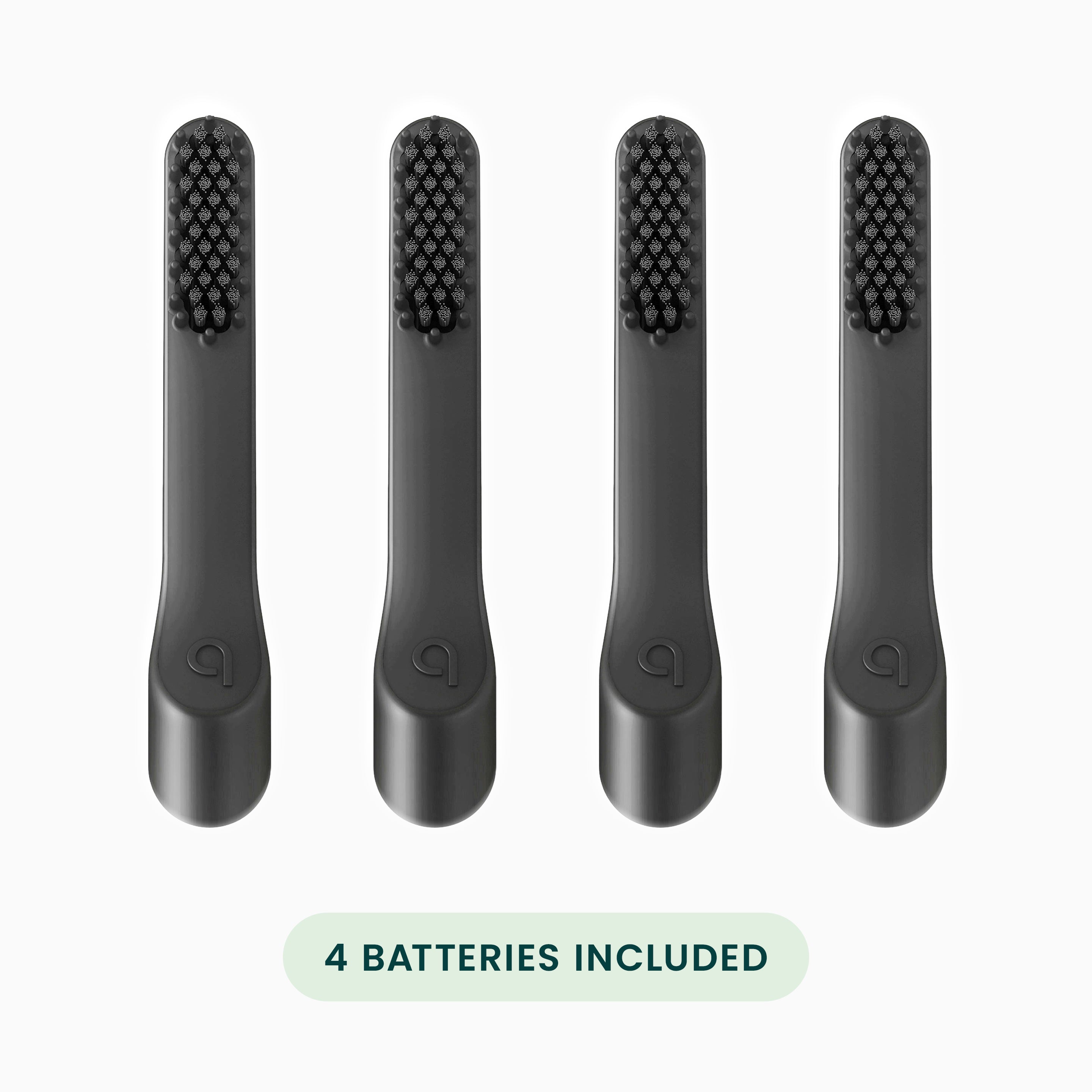 Four black toothbrushes with bristle heads on a white background, featuring the brand logo.