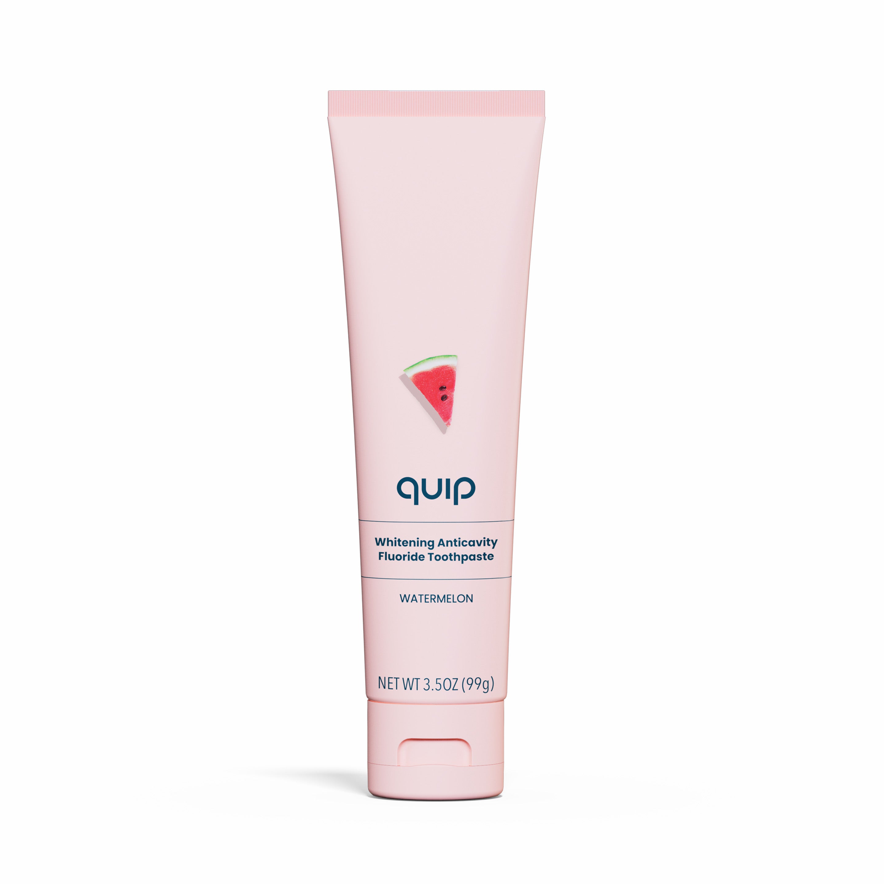 Pink toothpaste tube with watermelon flavor label on a white background
