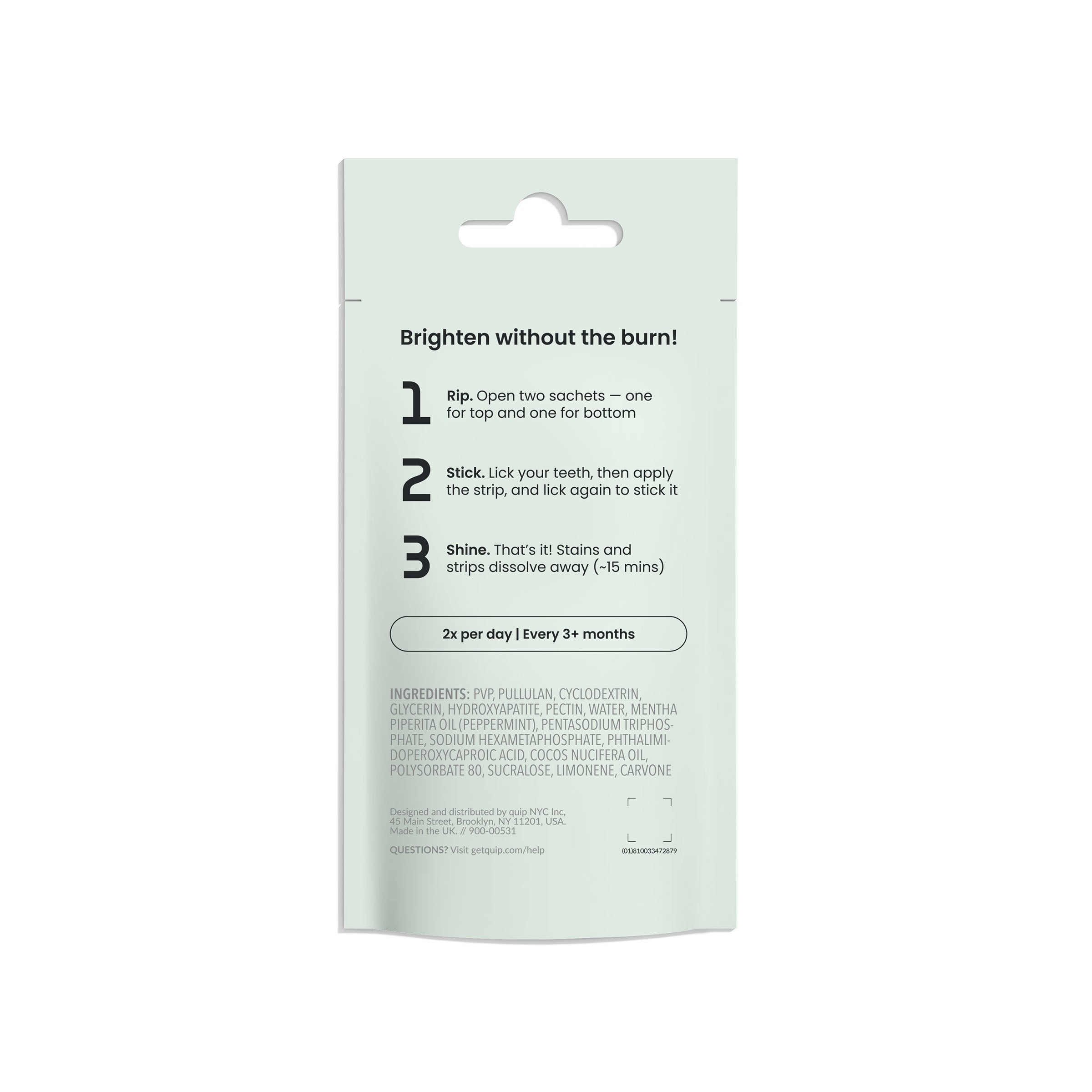 Packaging of dental strips with usage instructions on a white background