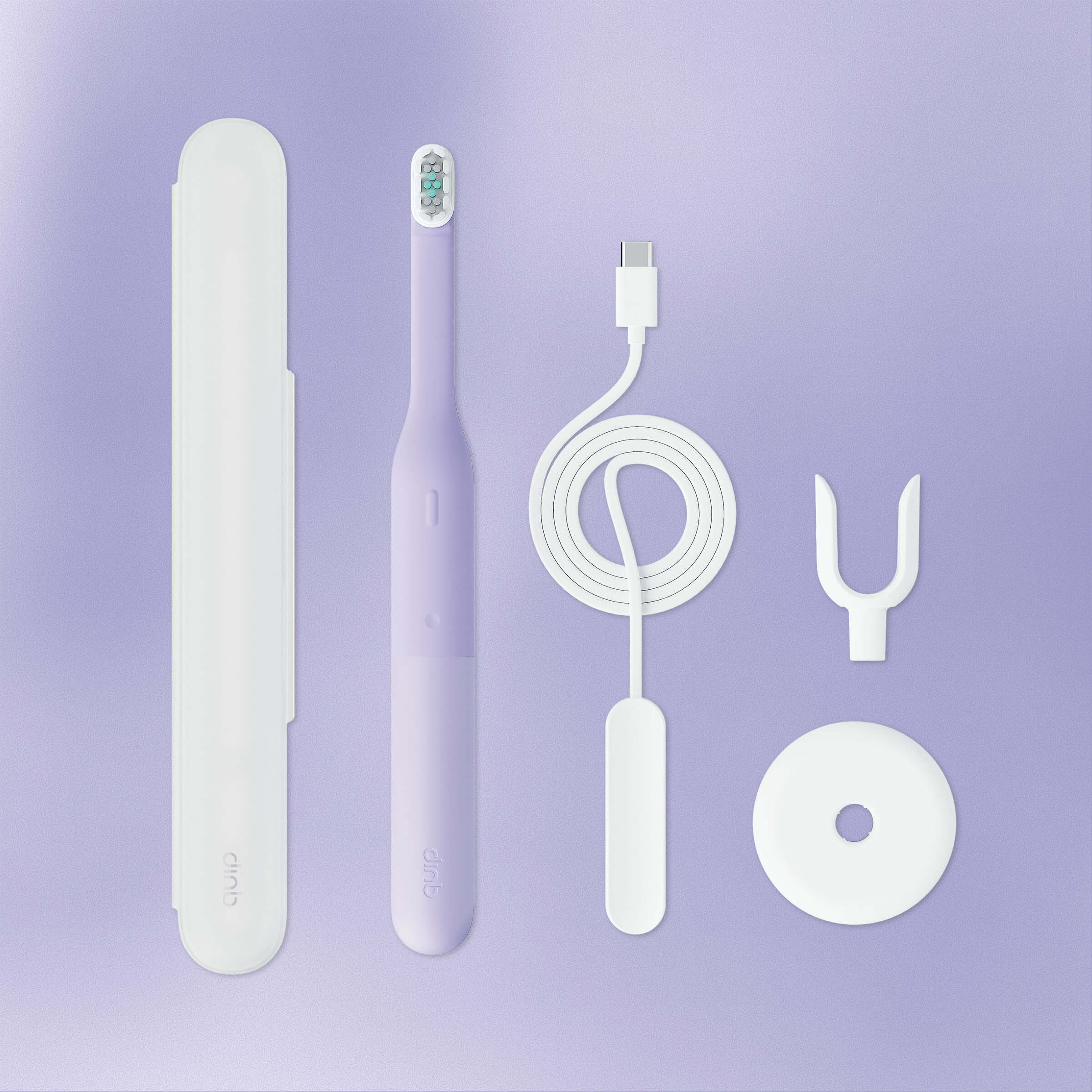 Set of dental care products including a toothbrush, charger, and cleaning tools on a purple background