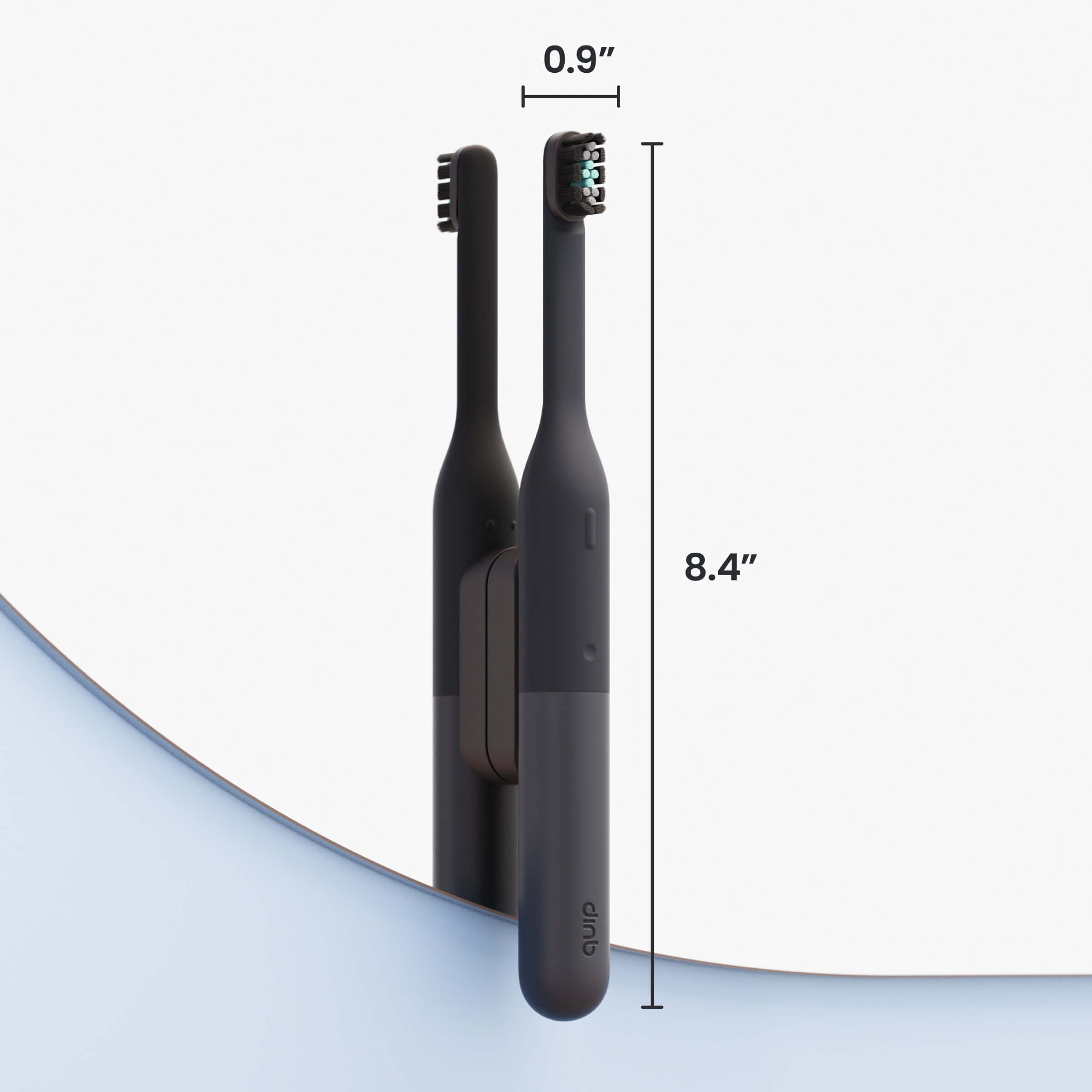 Two black electric toothbrushes with measurements on a light gray background
