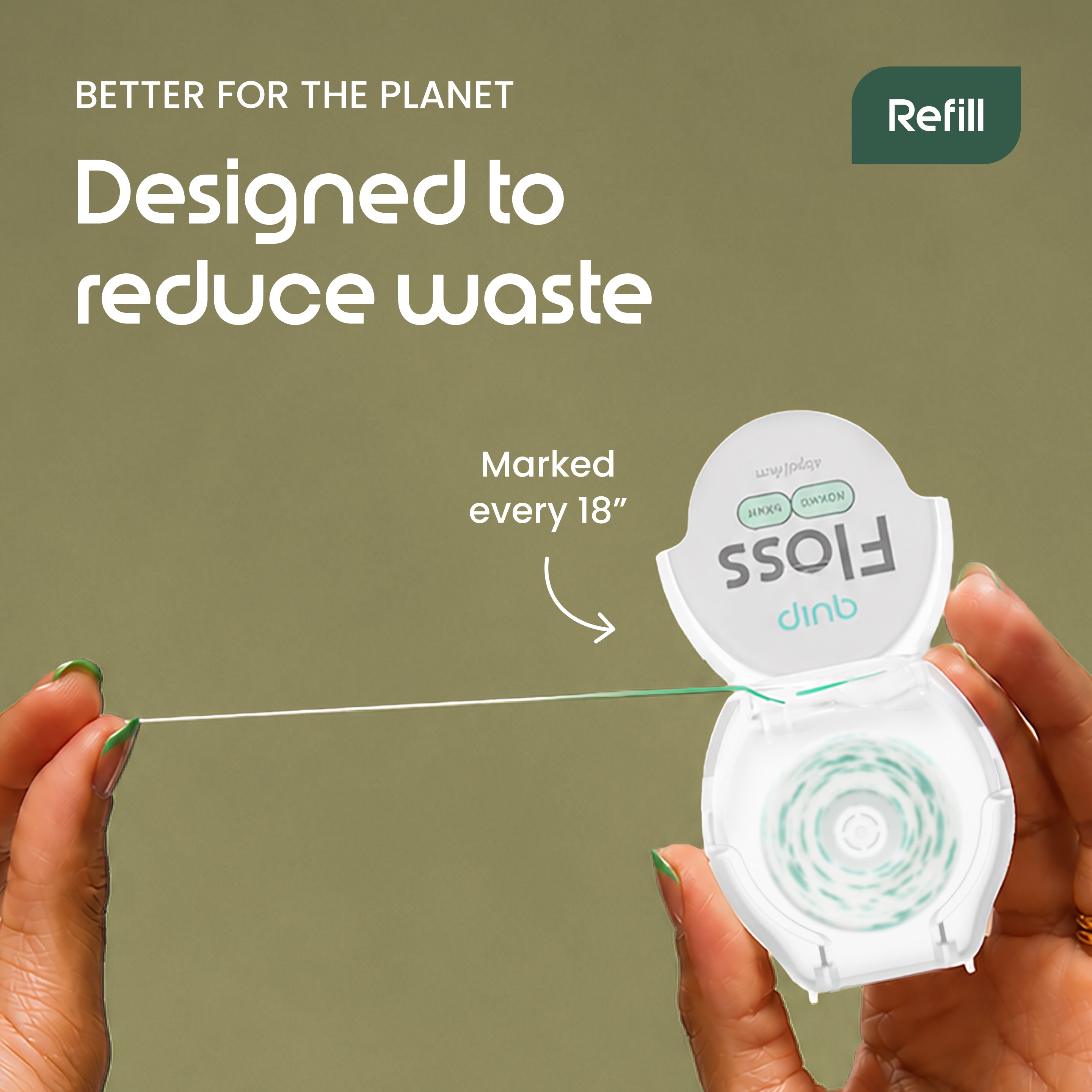 A person holds an open Floss clinb refill tooth floss container, stretching the floss thread with both hands against a muted olive-green background with promotional text.
