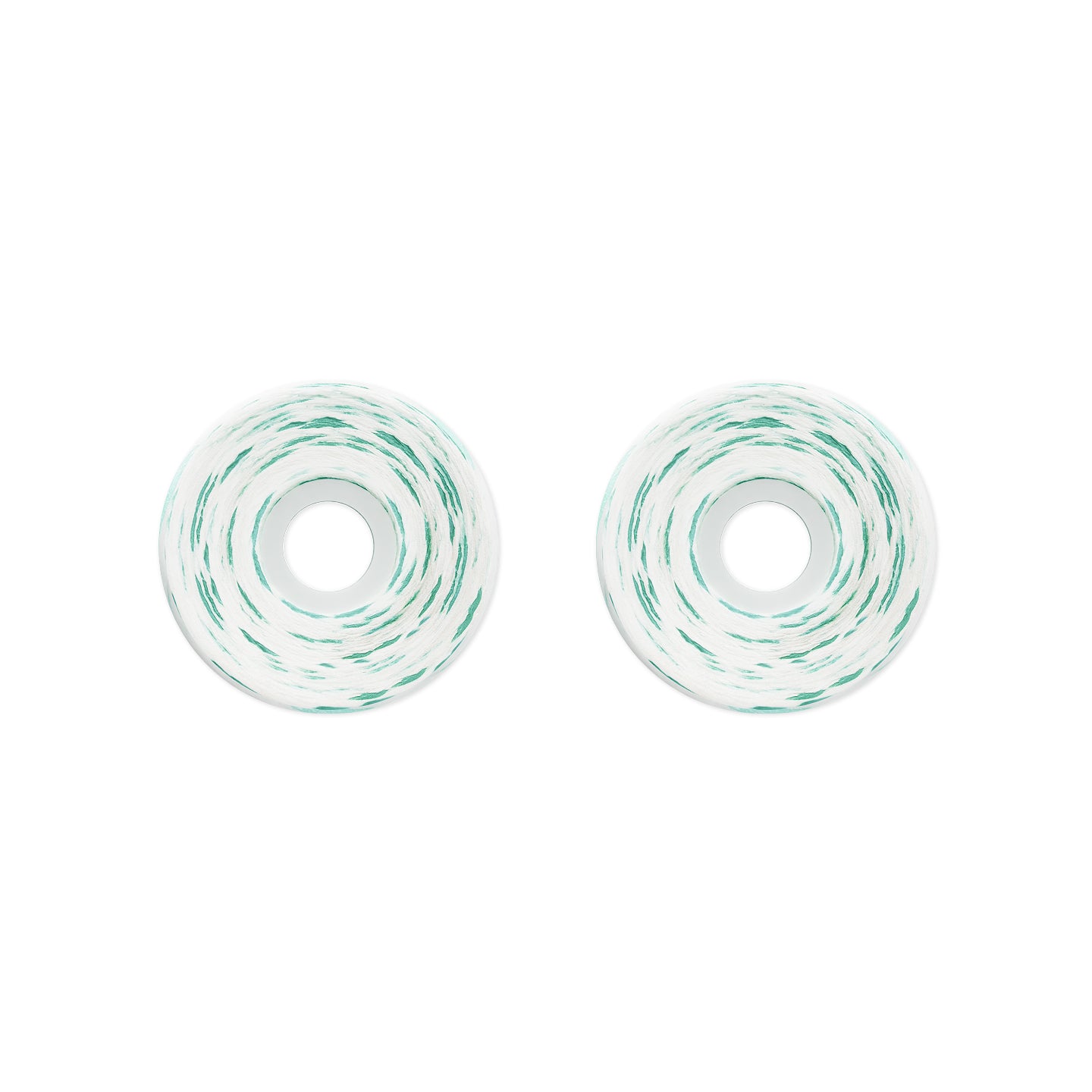 Two white skateboard wheels with a green and black swirled pattern, shown side-by-side on a plain white background.