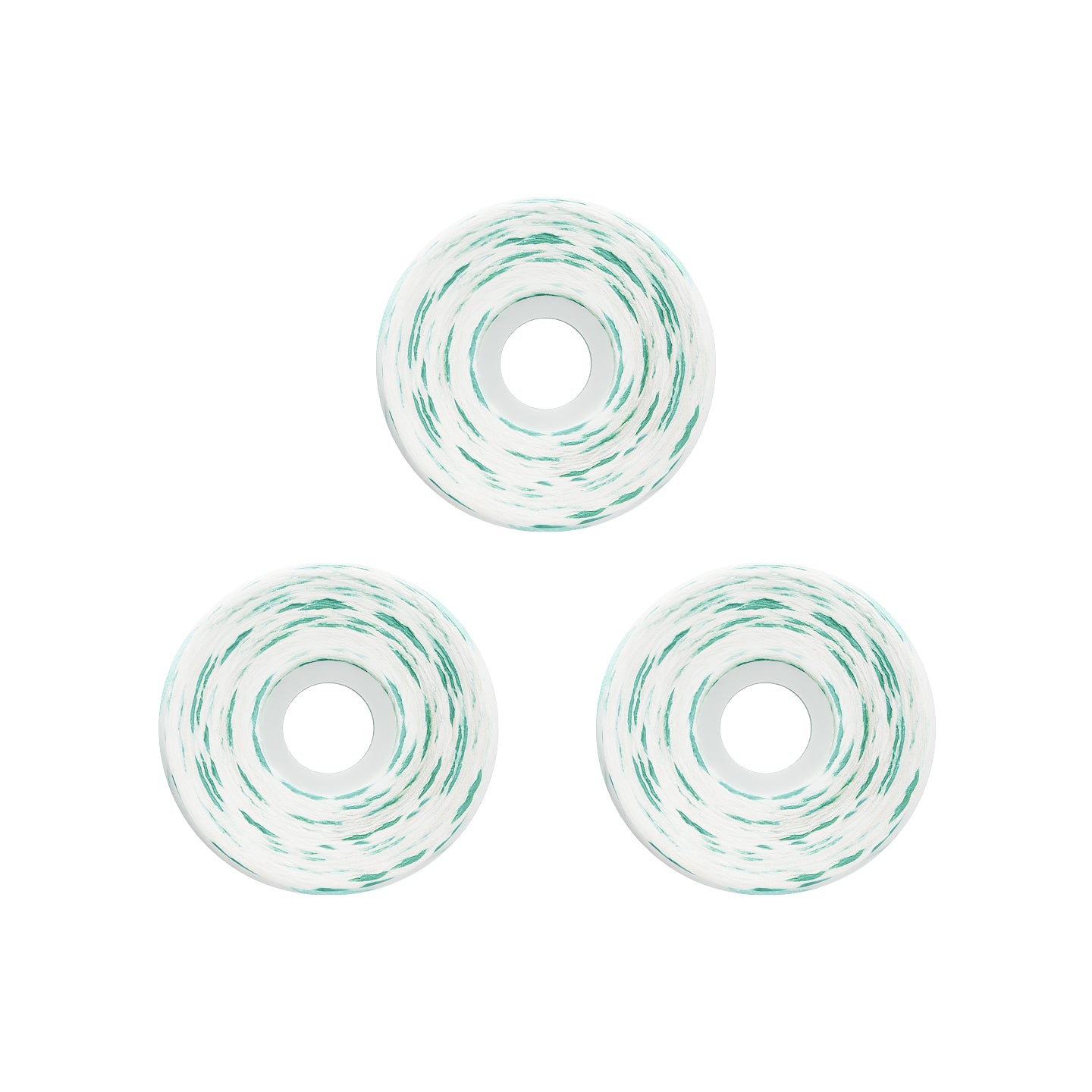 Three white circular spacers or beads with a green marbled swirl pattern, arranged in a triangle on a solid white background.