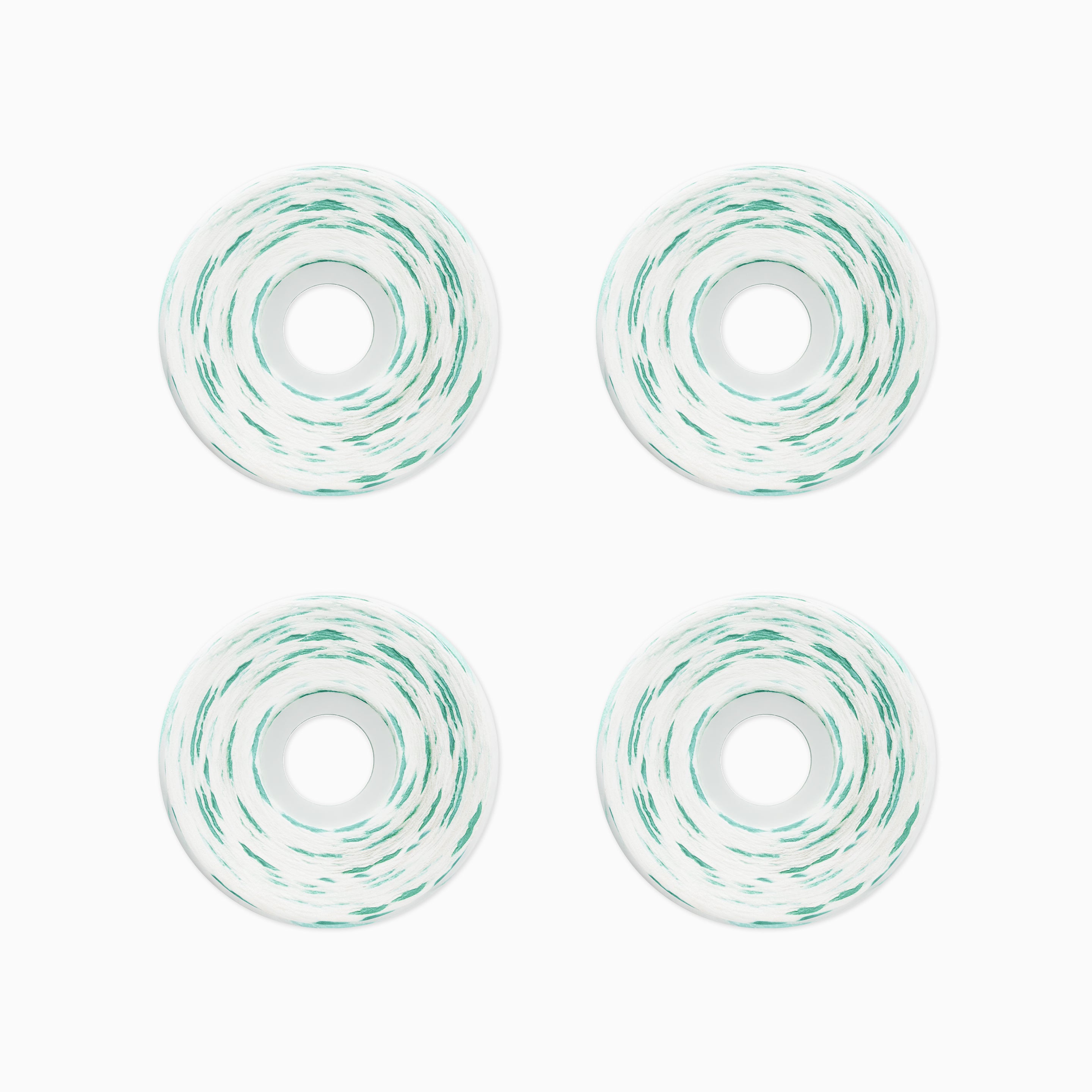 Four skateboard wheels arranged in a 2x2 grid on a plain white background. The wheels are white with a light mint green swirl pattern.