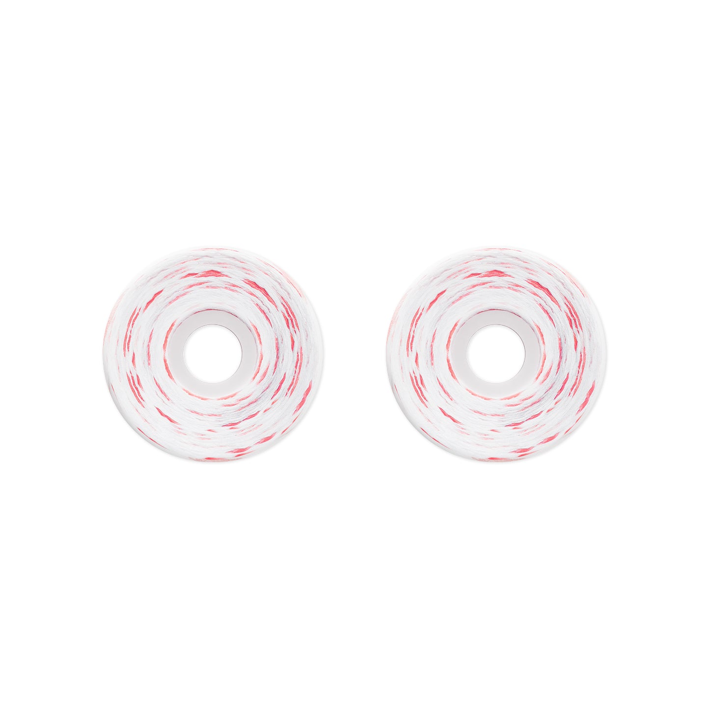 Two white skateboard wheels with red and white swirled tape, shown side-by-side on a plain white background.