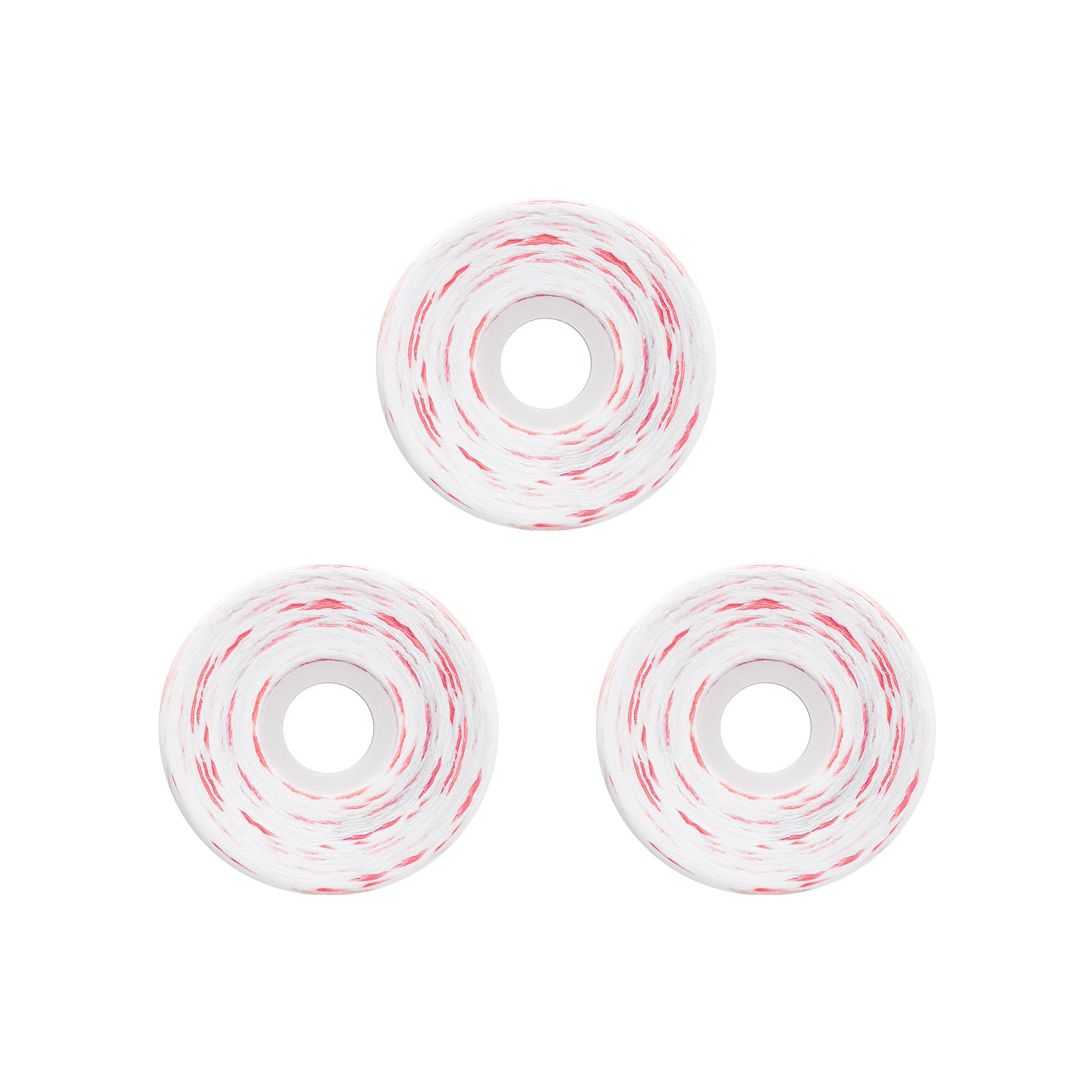 Three white skateboard wheels with red and black swirled urethane, arranged in a triangle on a white background.