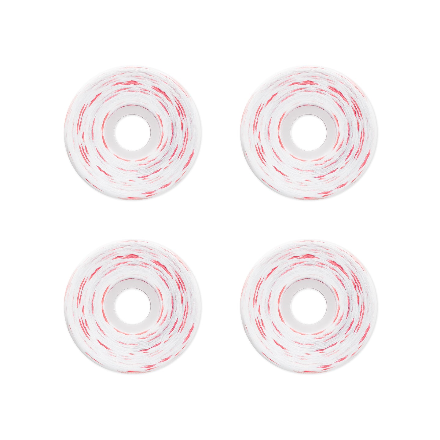 Four white skateboard wheels with red swirl patterns, arranged in a 2x2 grid on a solid white background.