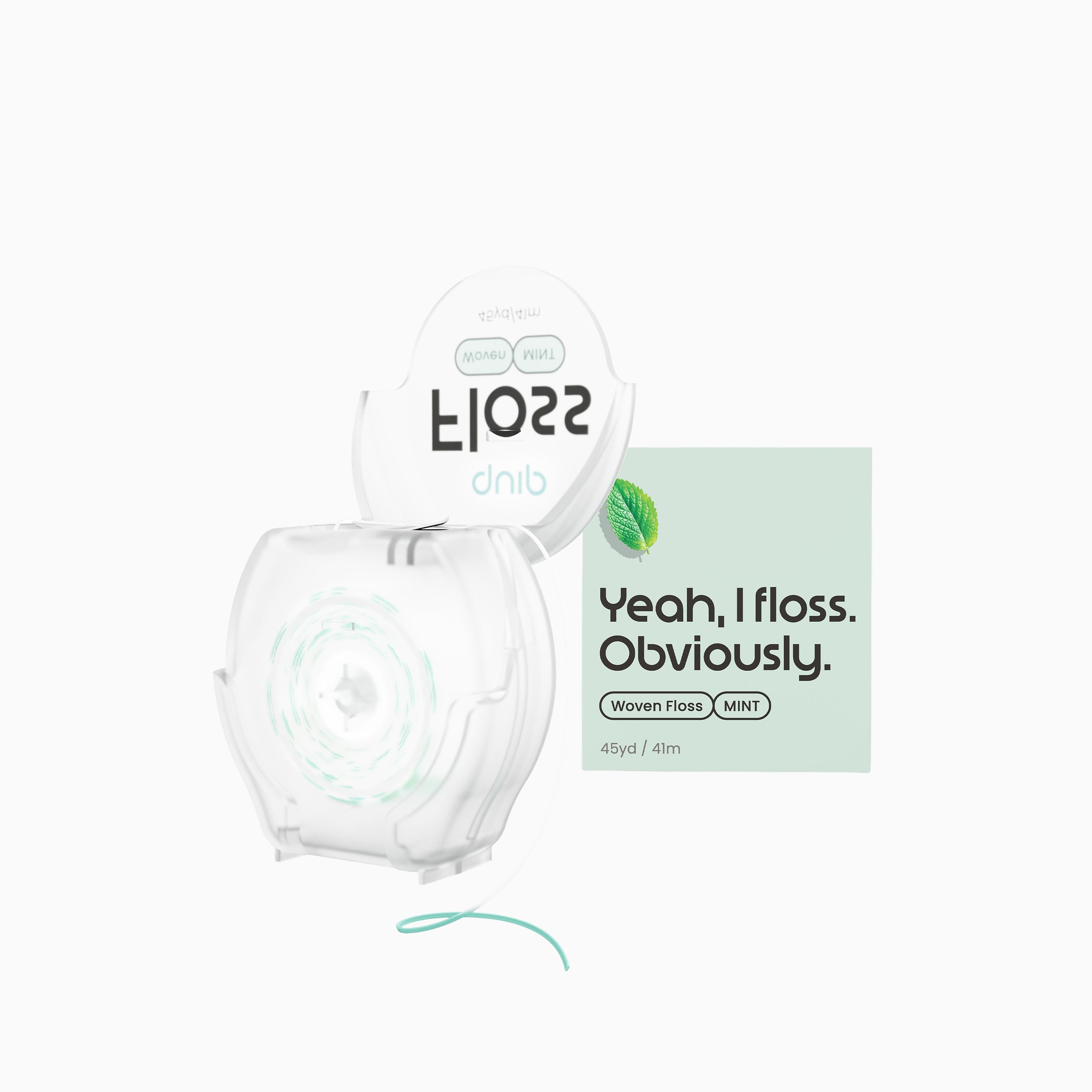 A clear plastic roll of dental floss with a white cap printed with the brand name 'drib' and the phrase 'Yeah, I floss. Obviously.