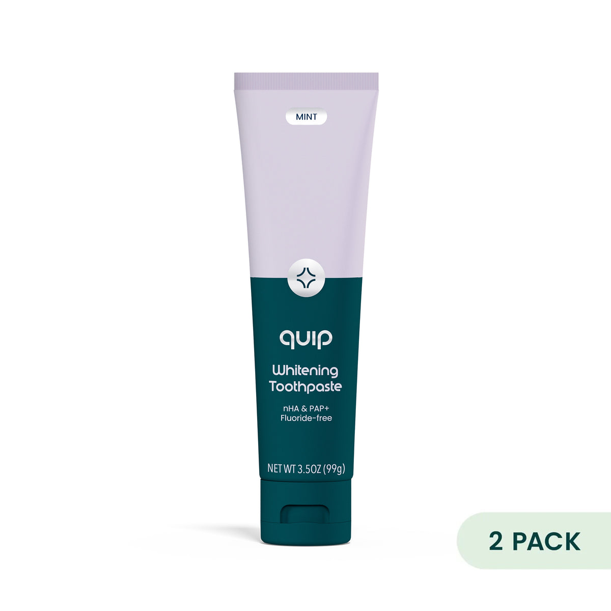 A single tube of Quip Whitening Toothpaste in Mint flavor, shown on a clean white background with a '2 PACK' badge in the bottom right corner.