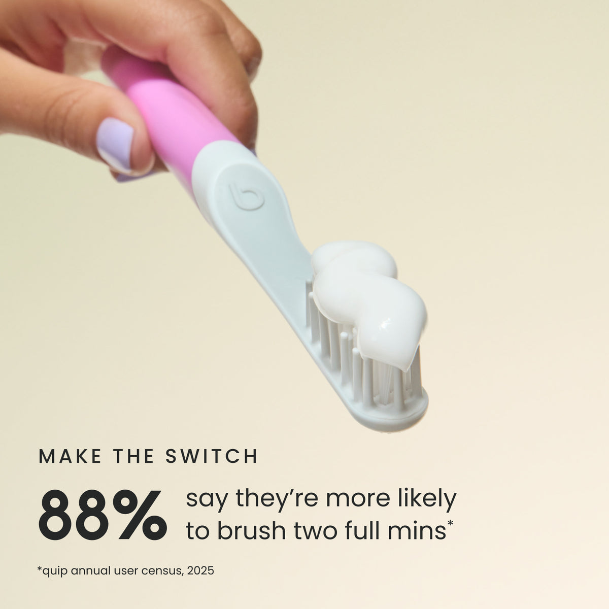 A hand holding a pink and white electric toothbrush with toothpaste on the bristles, set against a warm beige background with promotional text about brushing two full minutes.