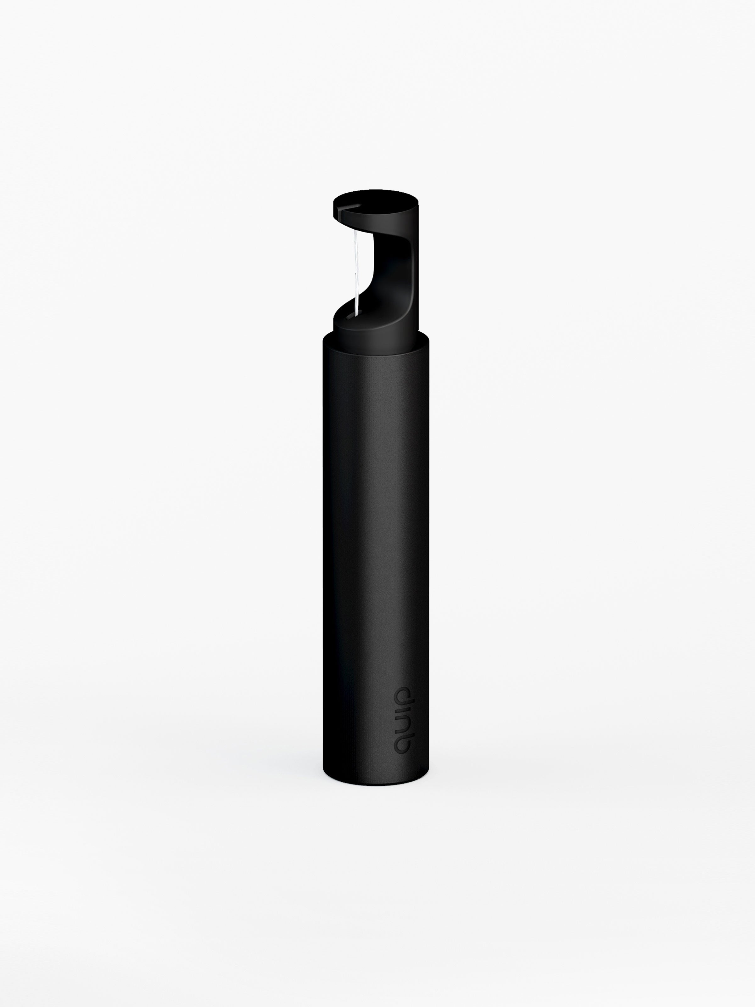 A black refillable dispenser for tooth floss with a pop-up top.