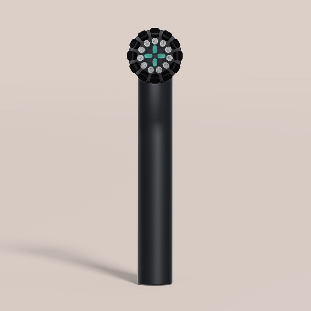 Black Rev brush head refill with gray and teal bristles.