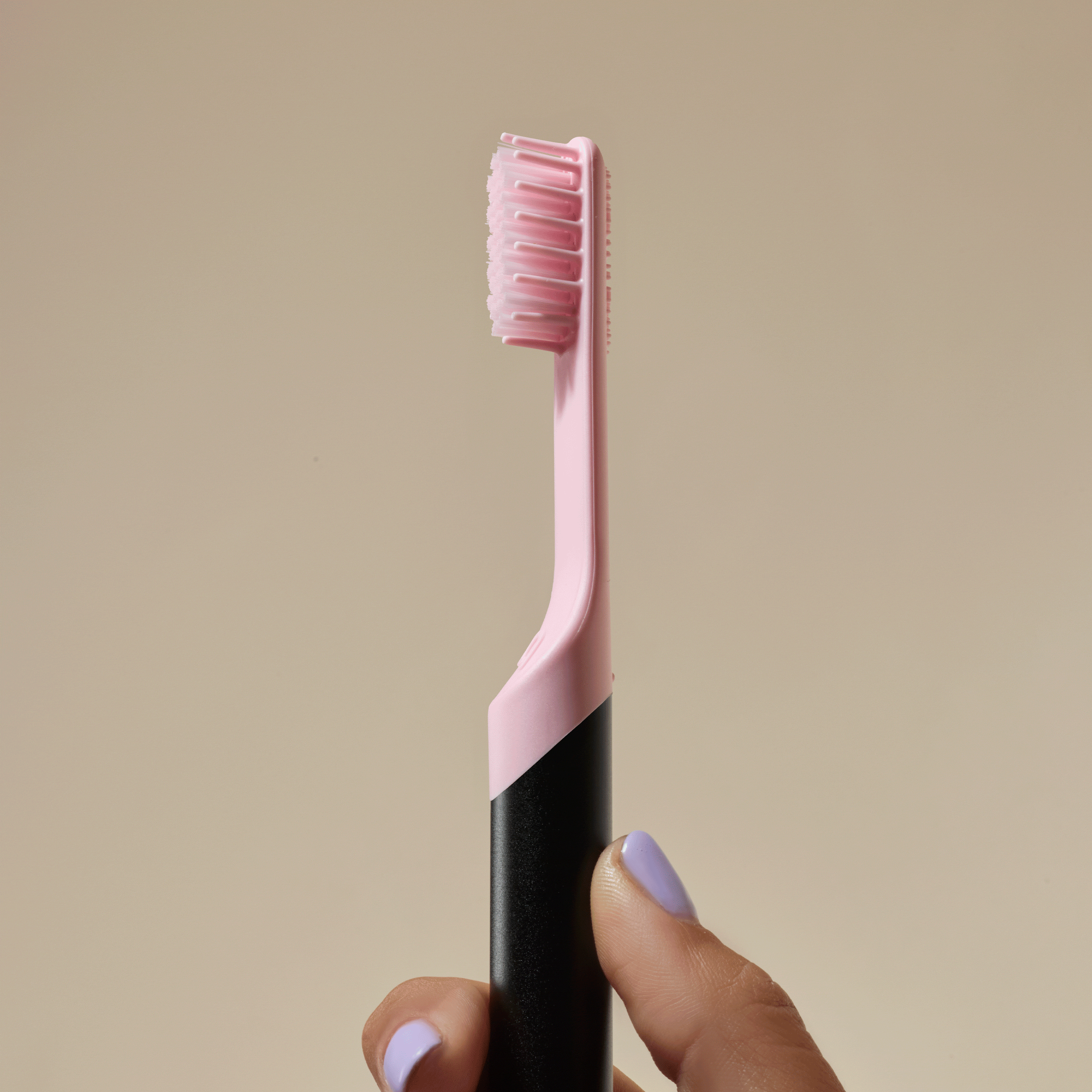 Hand holding a black toothbrush with a pink brush head against a neutral background.