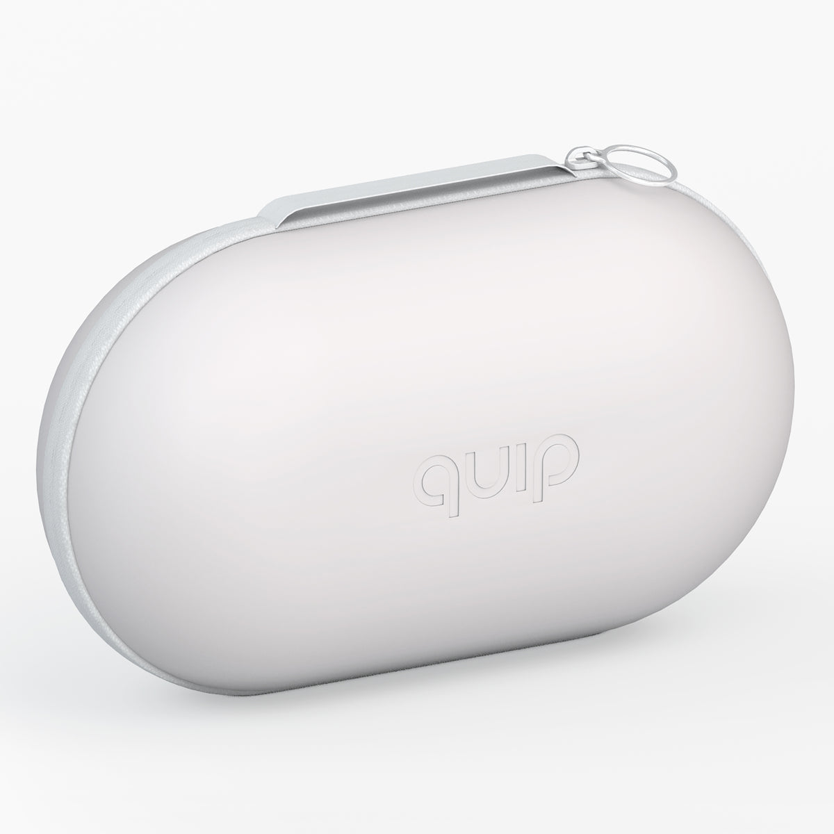 A white oval-shaped travel case with a silver zipper and a debossed 'quip' logo on the front, set against a clean white background.