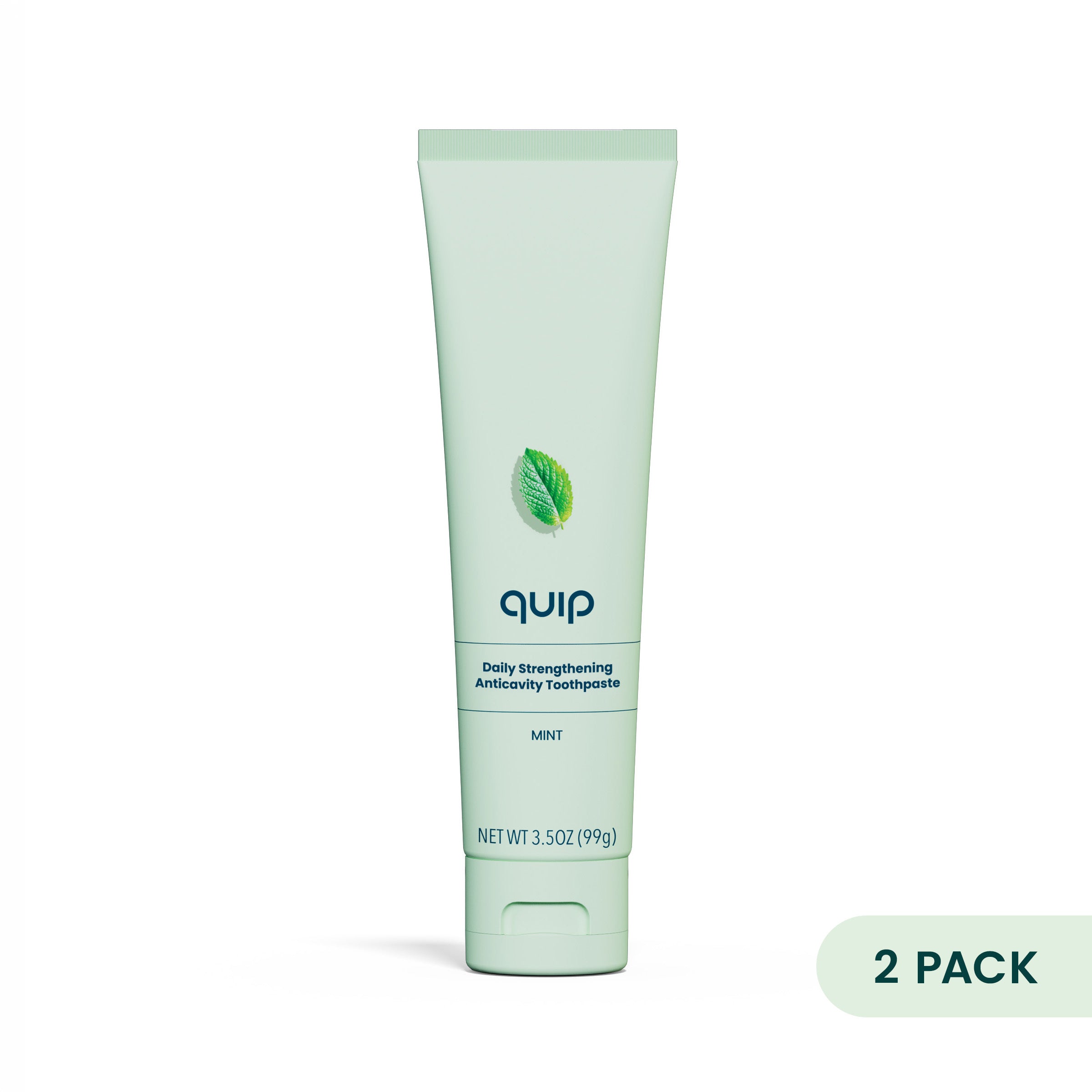 A single tube of Quip Daily Strengthening Anticoagulative Toothpaste in Mint flavor, shown on a clean white background with a '2 PACK' badge in the bottom right corner.