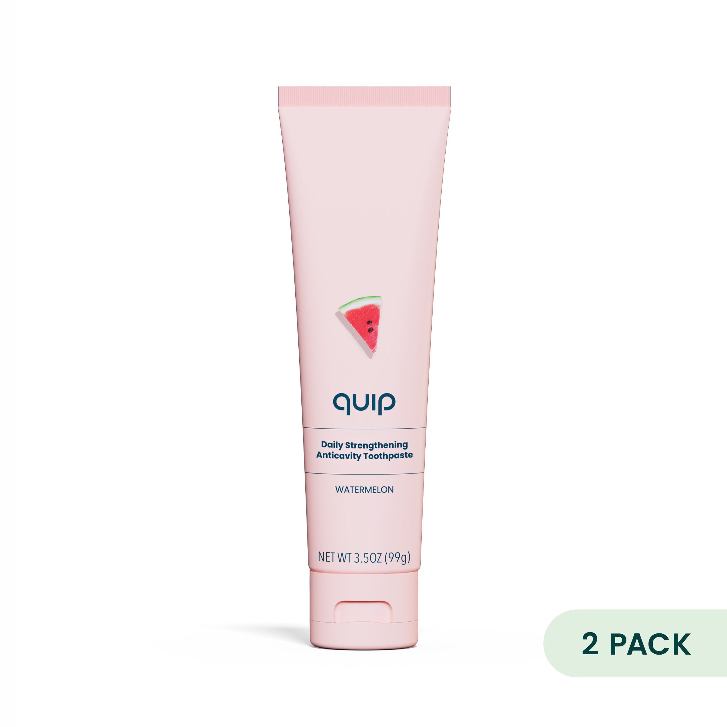 A single tube of Quip watermelon daily strengthening antiseptic toothpaste on a white background, with a green '2 PACK' badge in the bottom right corner.
