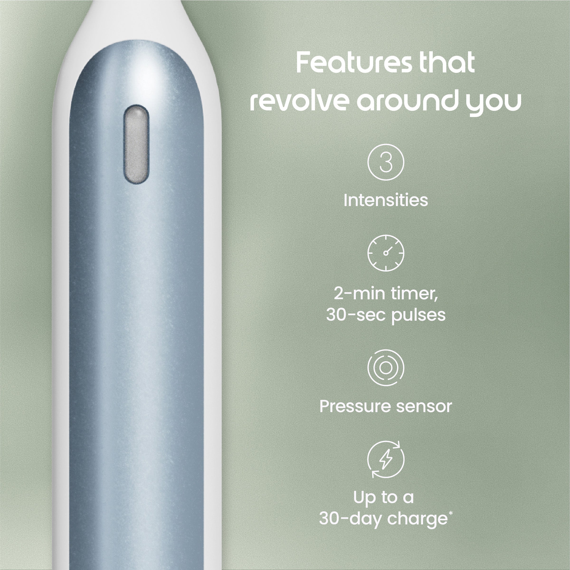 Product with features listed on a green background